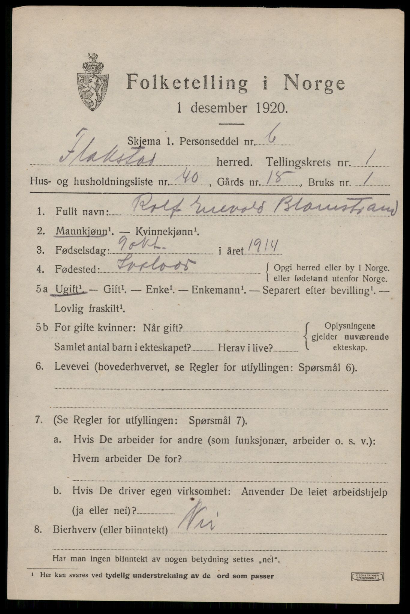 SAT, 1920 census for Flakstad, 1920, p. 1037