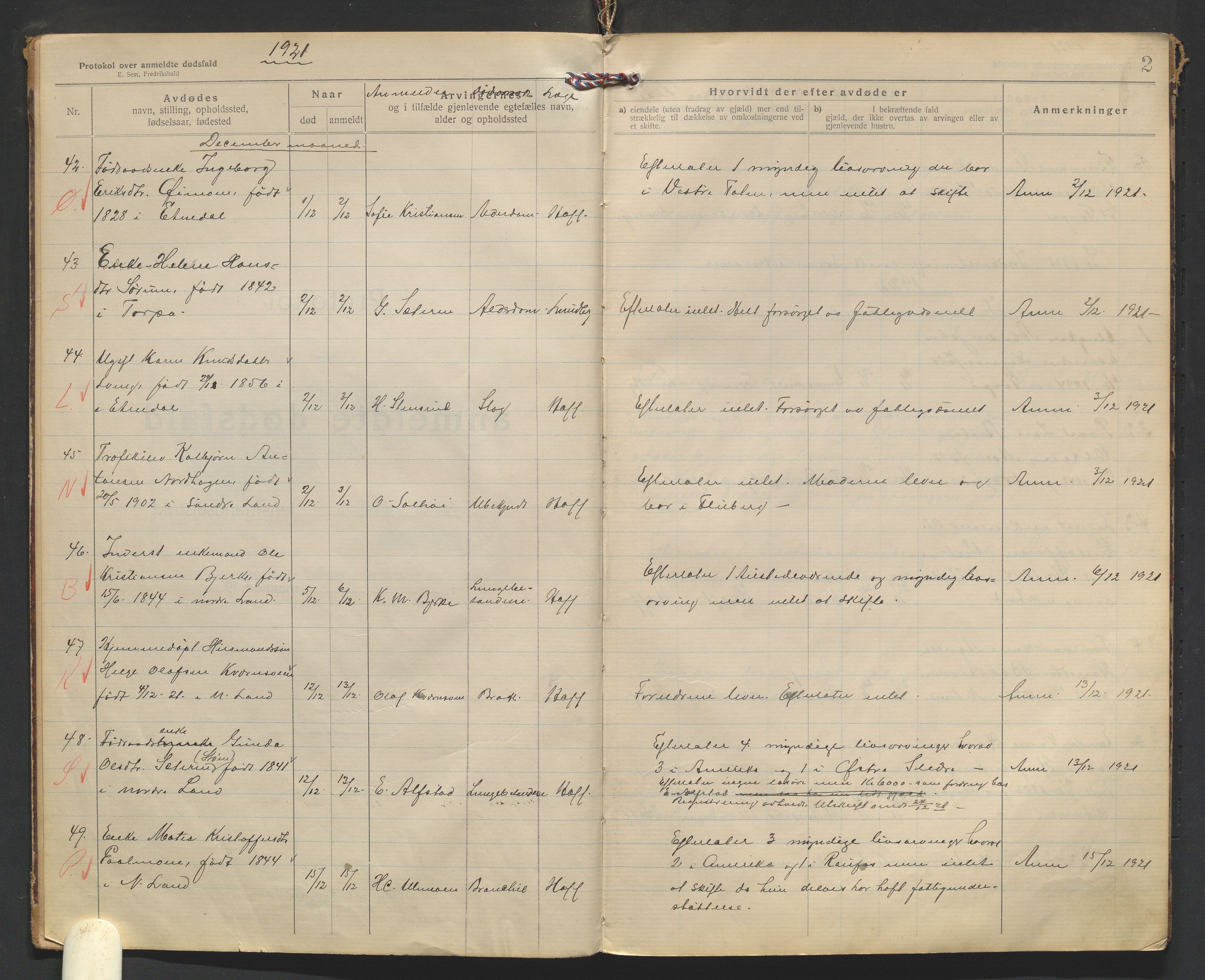 Nordre Land lensmannskontor, AV/SAH-LON-013/H/Ha/Haa/L0001/0004: Dødsfallsprotokoller / Dødsfallsprotokoll, 1921-1928, p. 2