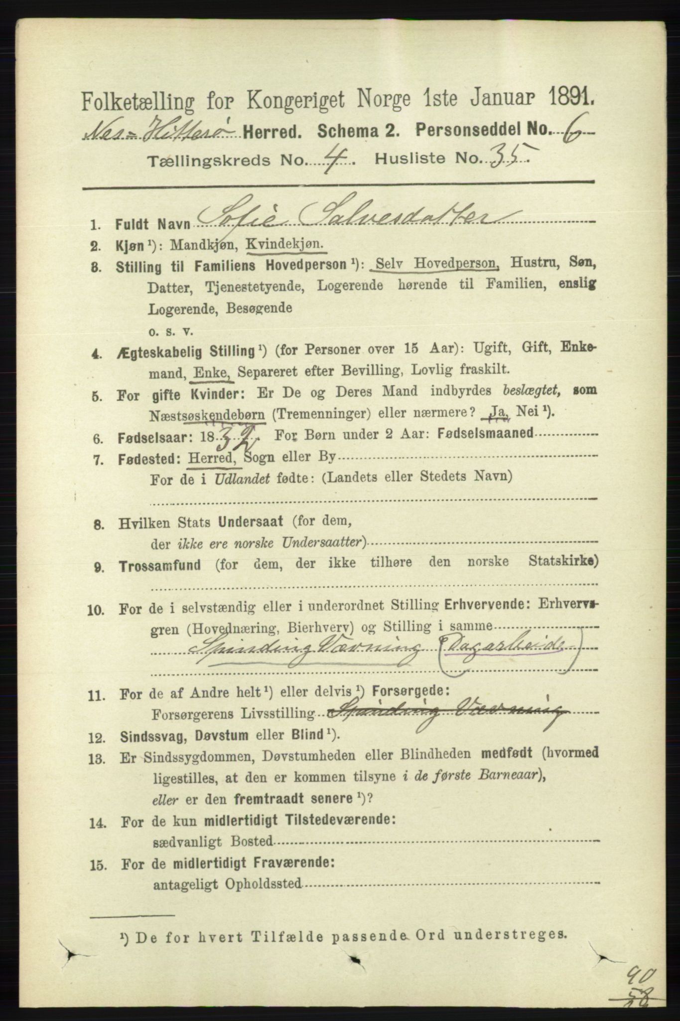 RA, 1891 census for 1043 Hidra og Nes, 1891, p. 1655