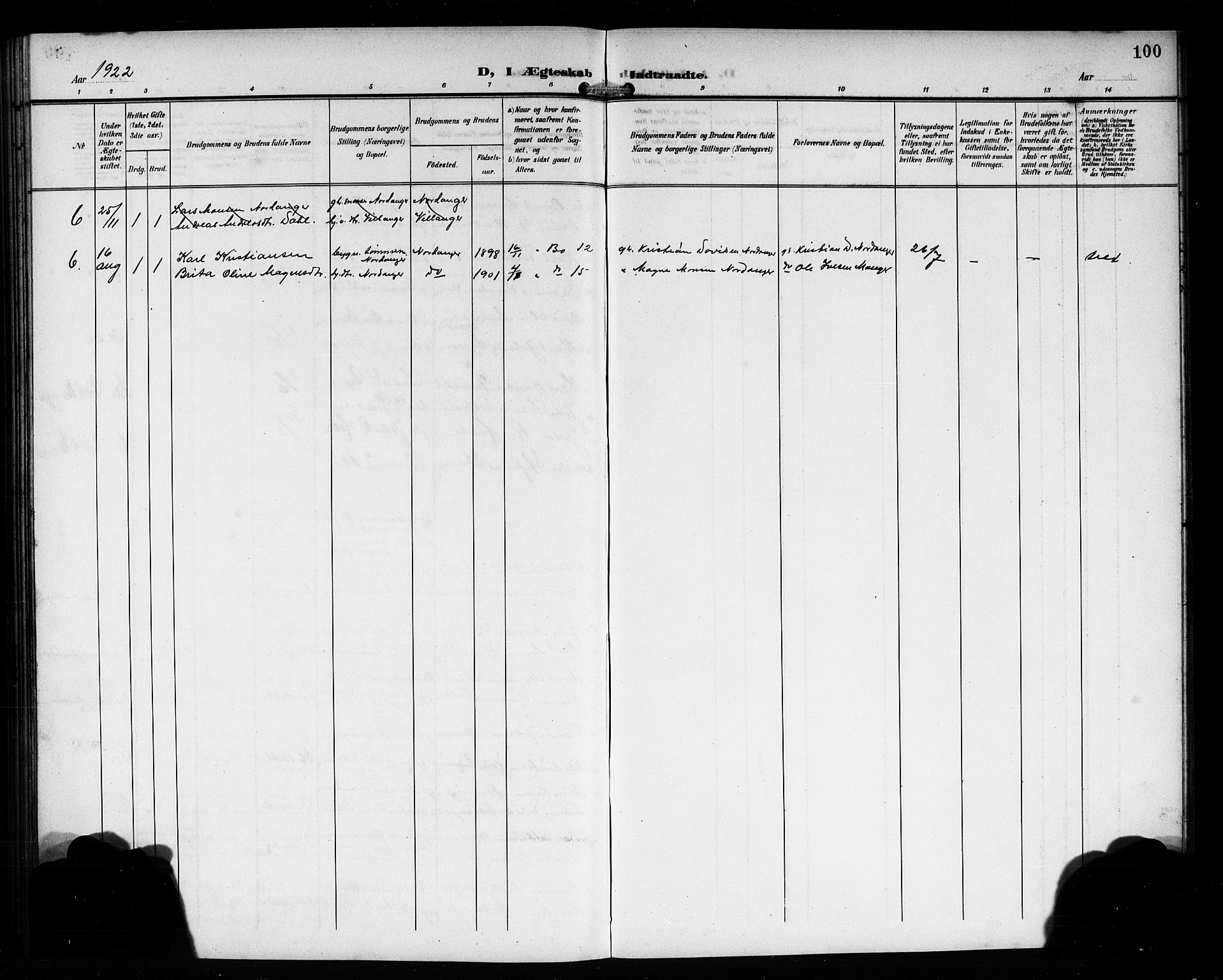 Manger sokneprestembete, AV/SAB-A-76801/H/Hab: Parish register (copy) no. B 4, 1907-1922, p. 100