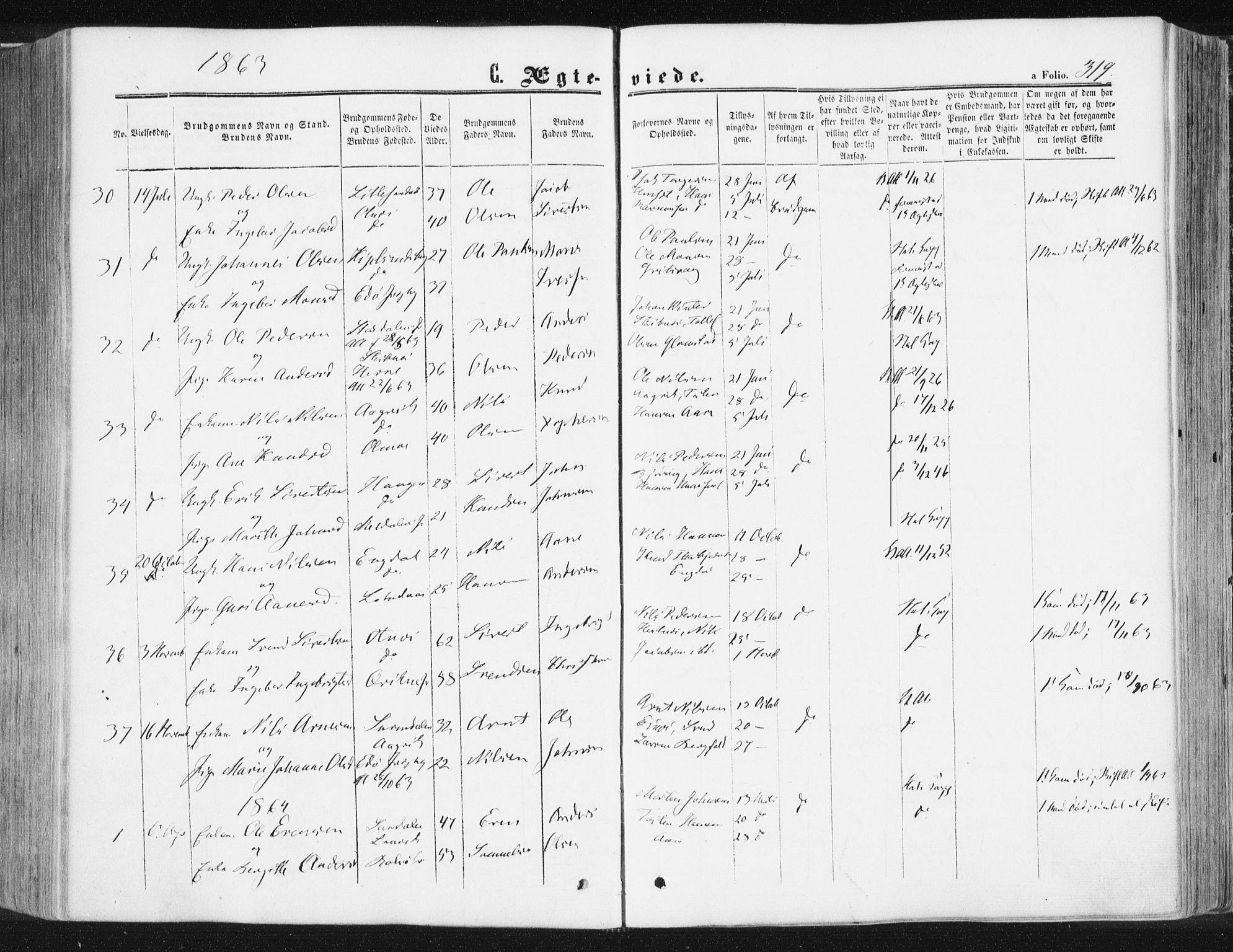 Ministerialprotokoller, klokkerbøker og fødselsregistre - Møre og Romsdal, SAT/A-1454/578/L0905: Parish register (official) no. 578A04, 1859-1877, p. 319