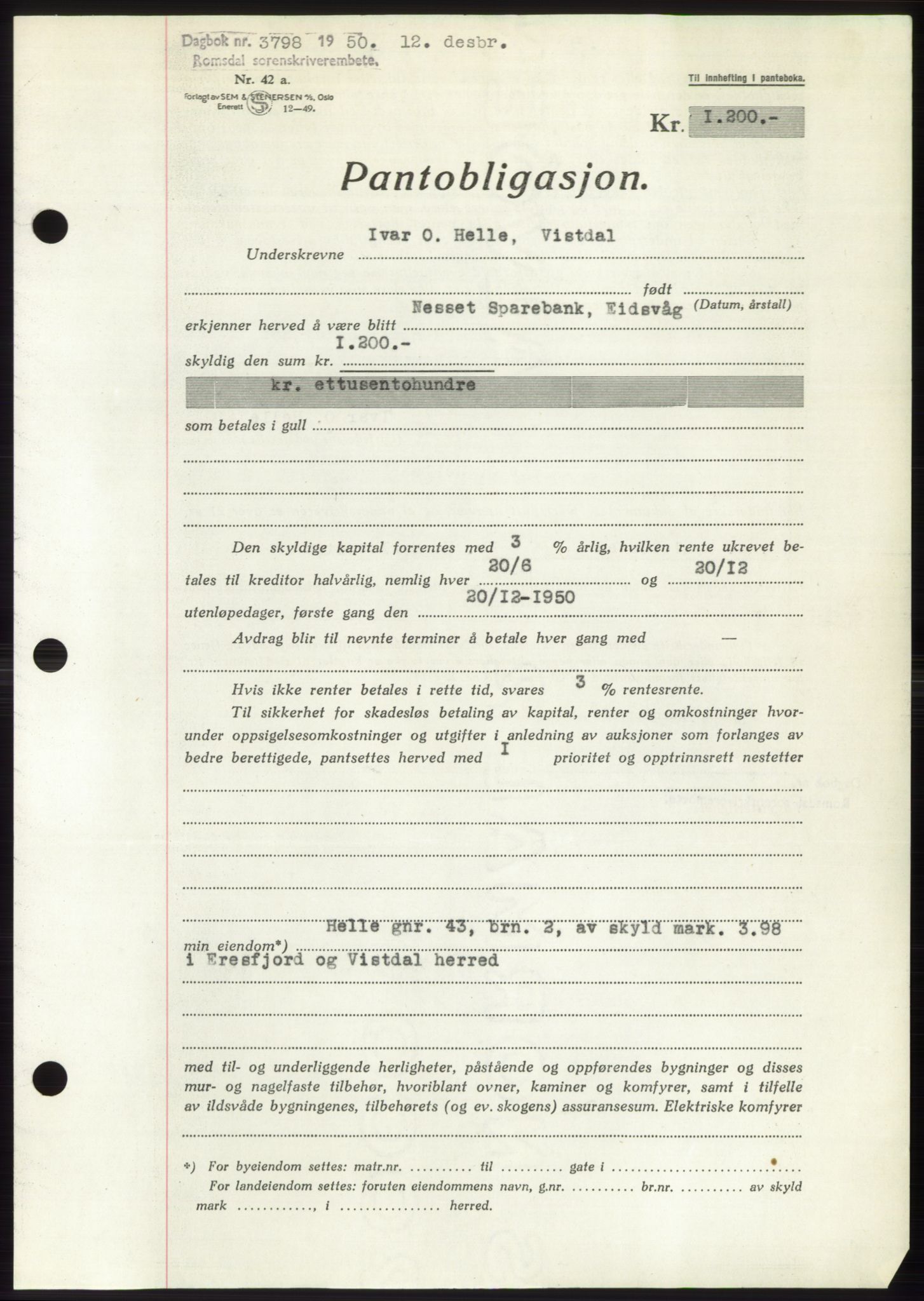 Romsdal sorenskriveri, AV/SAT-A-4149/1/2/2C: Mortgage book no. B5, 1949-1950, Diary no: : 3798/1950