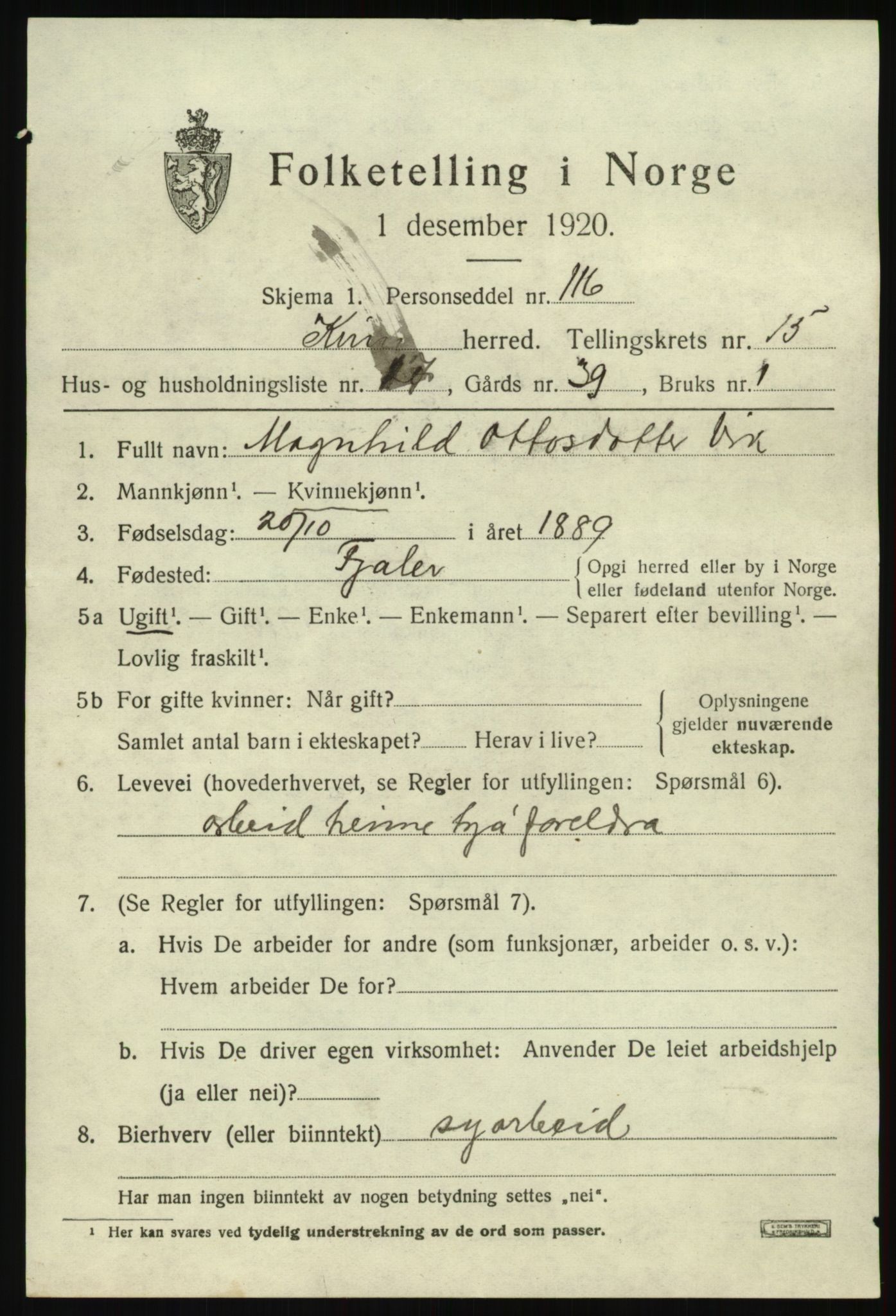 SAB, 1920 census for Kinn, 1920, p. 5573