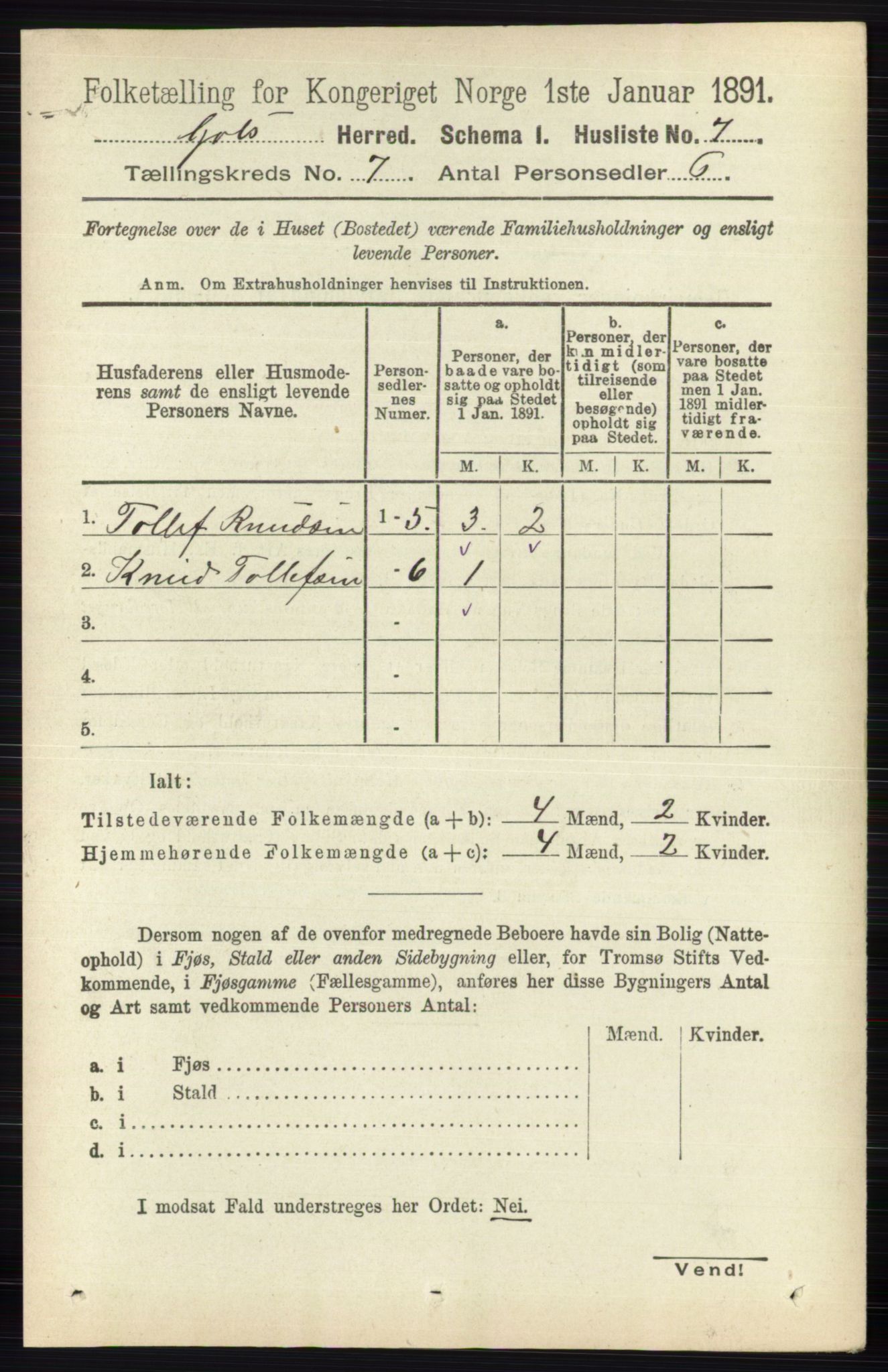 RA, 1891 census for 0617 Gol og Hemsedal, 1891, p. 2778