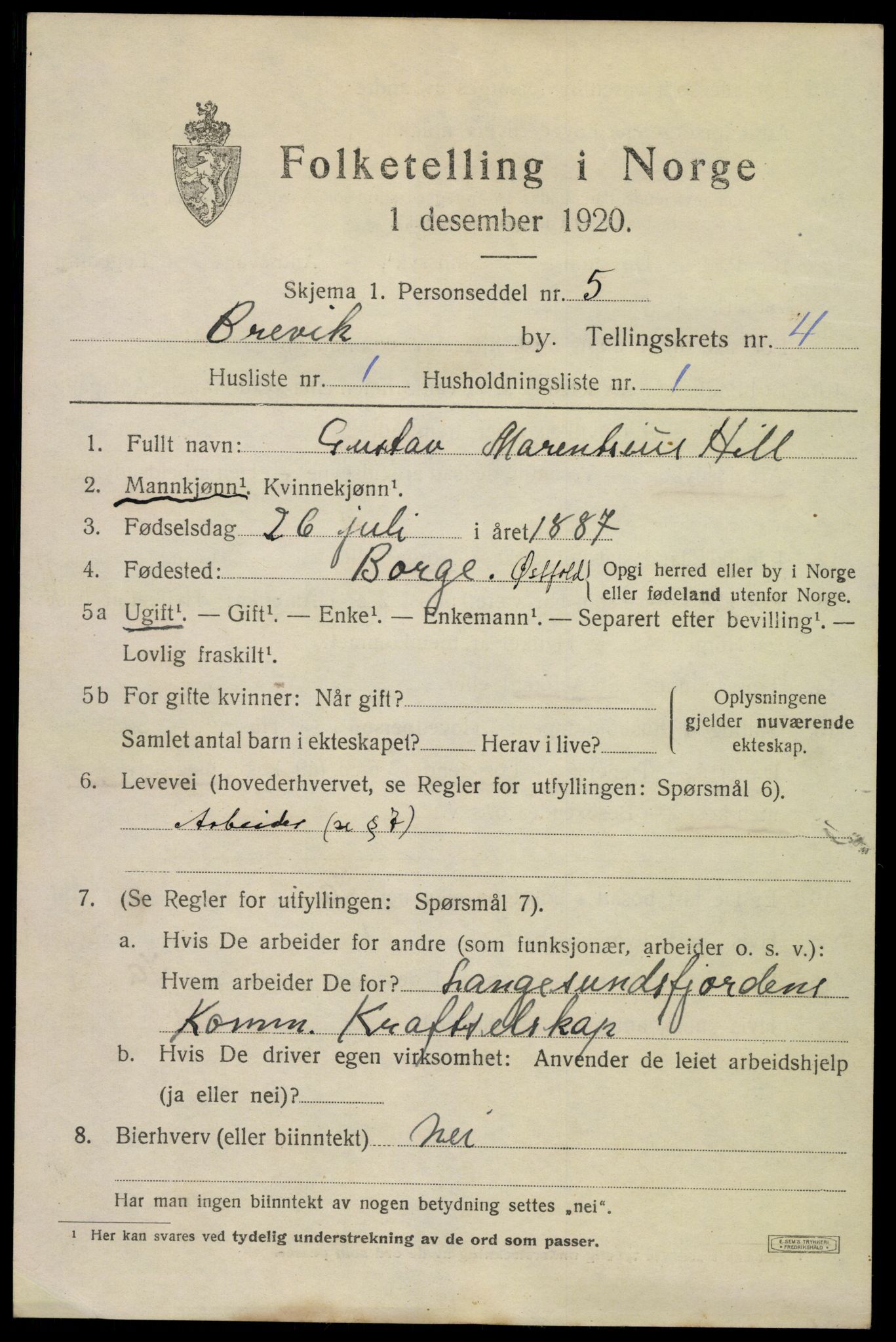 SAKO, 1920 census for Brevik, 1920, p. 6036