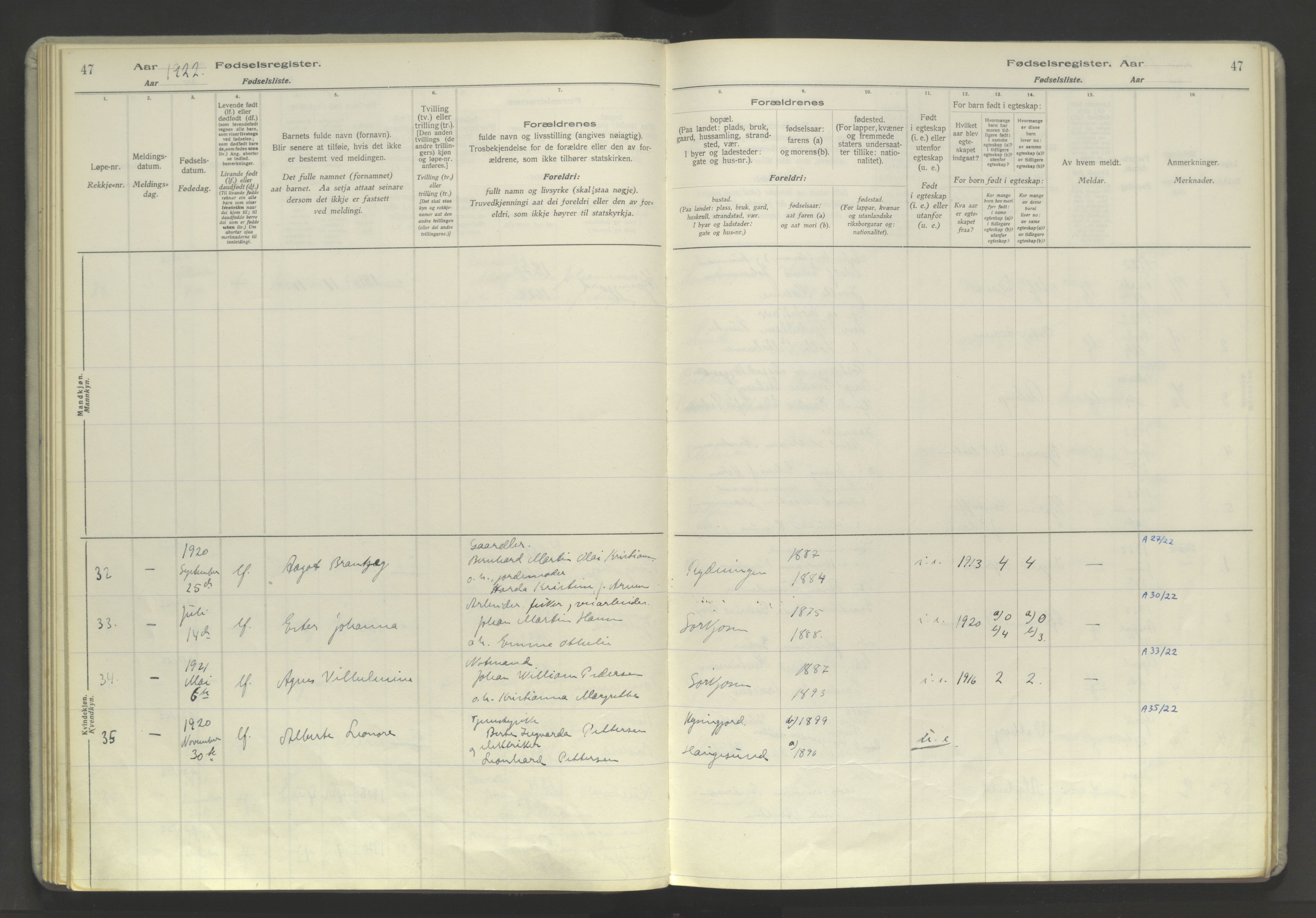 Skjervøy sokneprestkontor, SATØ/S-1300/I/Ia/L0060: Birth register no. 60, 1916-1947, p. 47