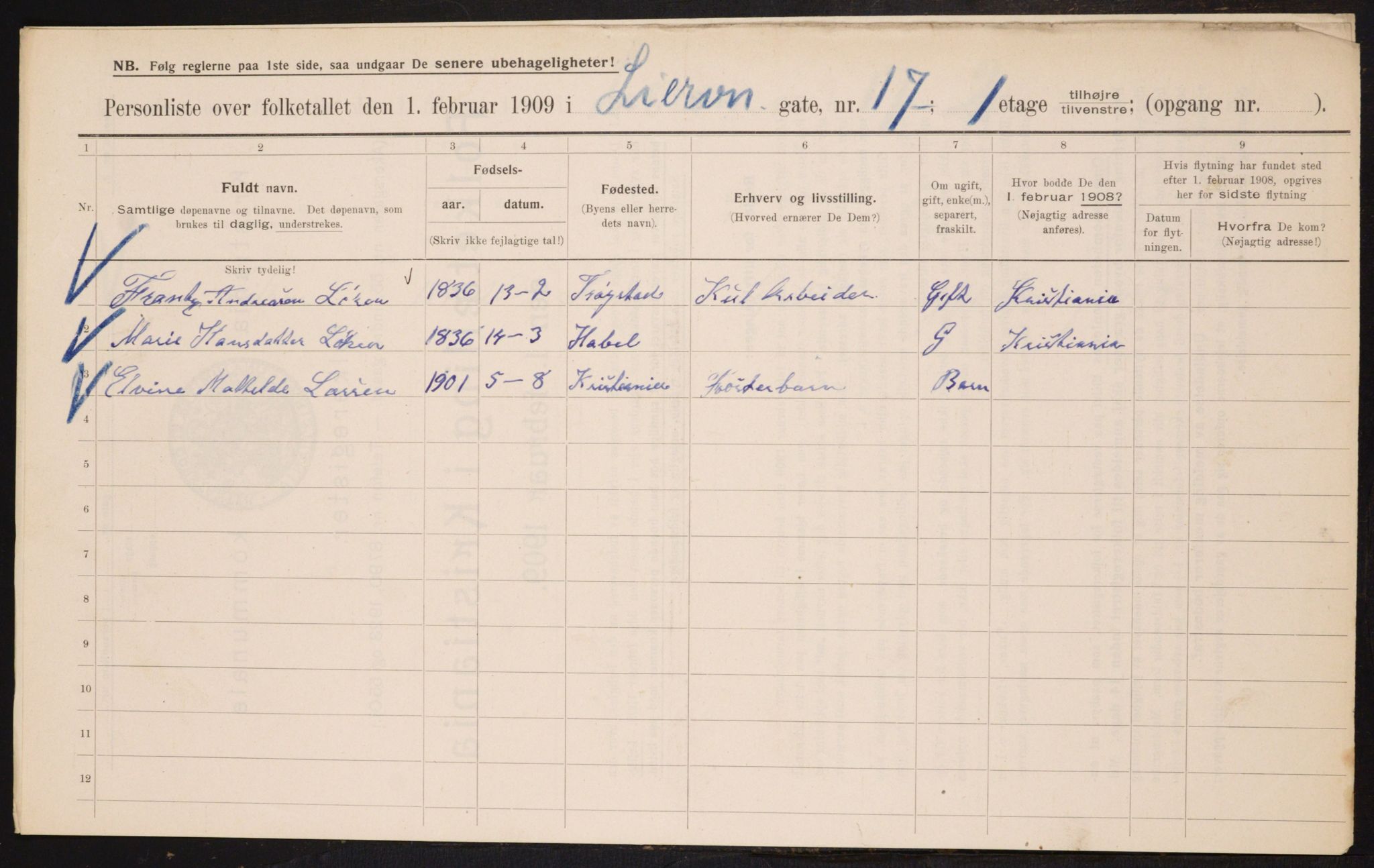 OBA, Municipal Census 1909 for Kristiania, 1909, p. 52486