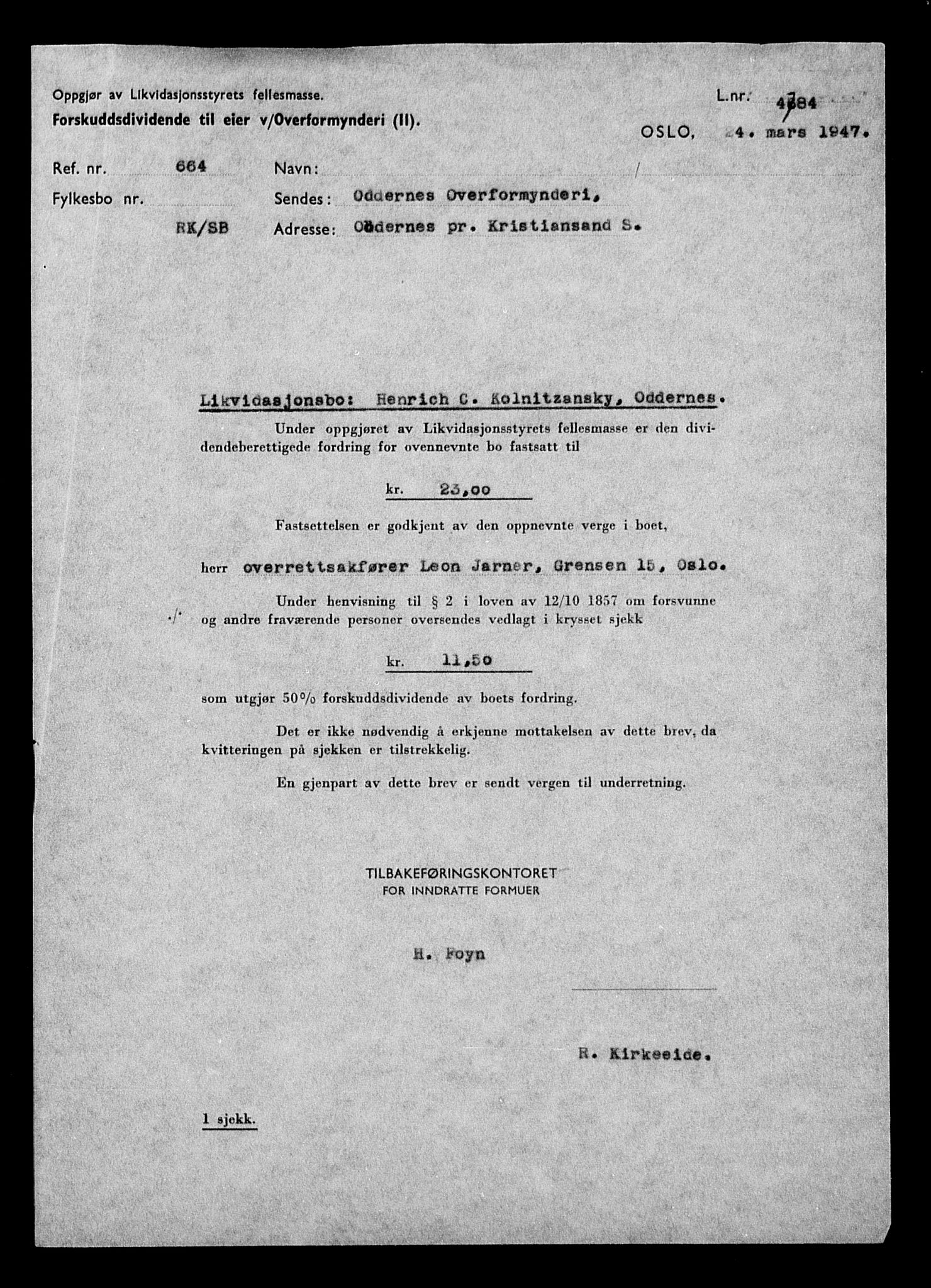 Justisdepartementet, Tilbakeføringskontoret for inndratte formuer, AV/RA-S-1564/H/Hc/Hcd/L1002: --, 1945-1947, p. 22