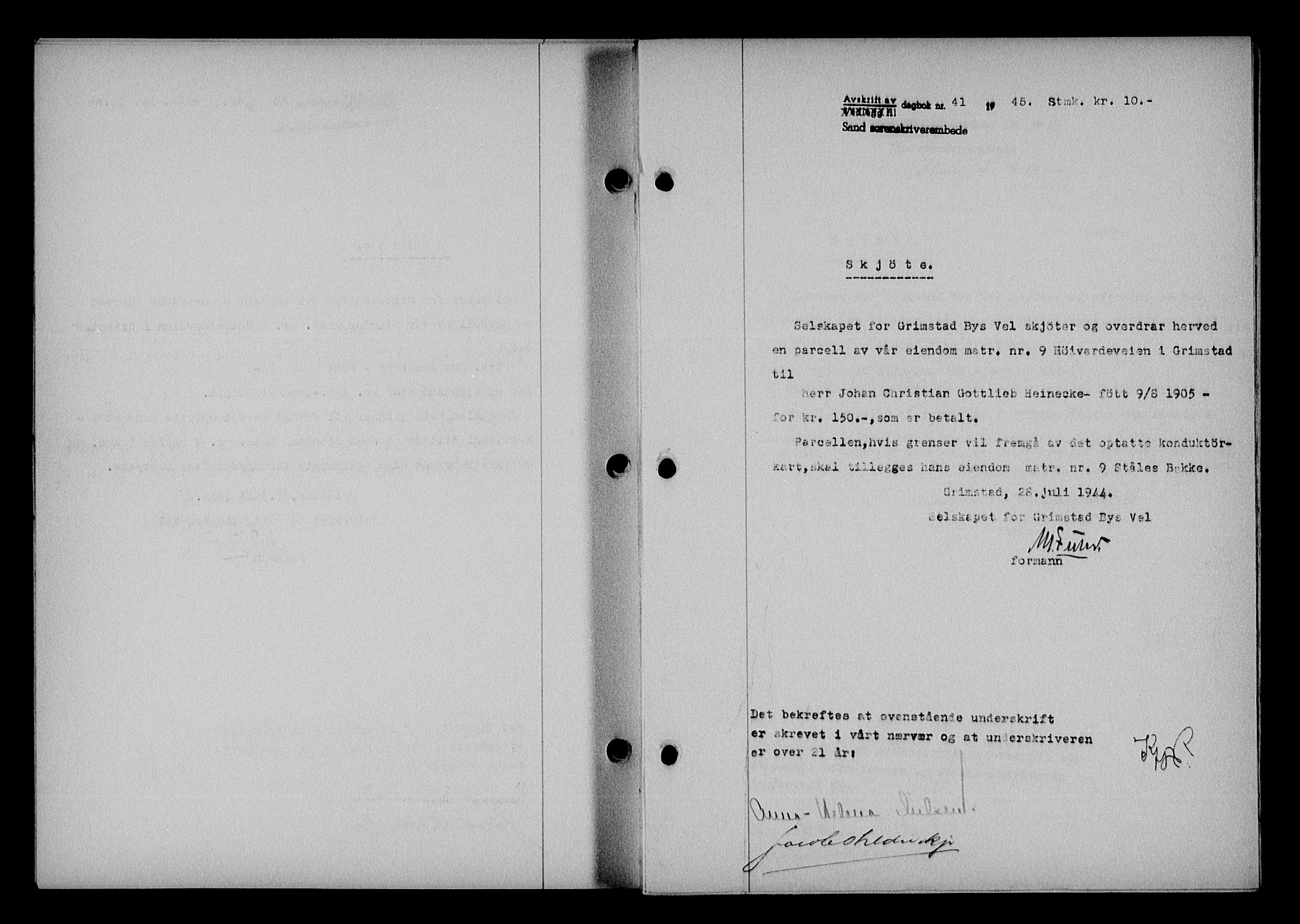 Vestre Nedenes/Sand sorenskriveri, SAK/1221-0010/G/Gb/Gba/L0053: Mortgage book no. A 6, 1944-1945, Diary no: : 41/1945