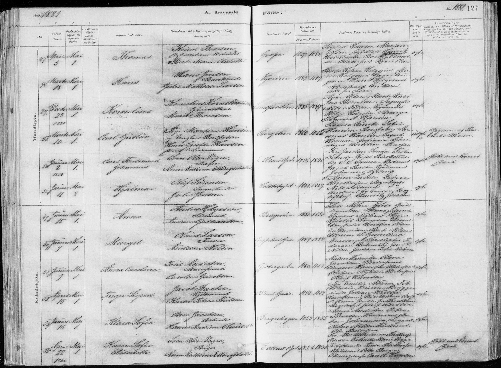 Bragernes kirkebøker, AV/SAKO-A-6/F/Fb/L0006a: Parish register (official) no. II 6A, 1878-1885, p. 127