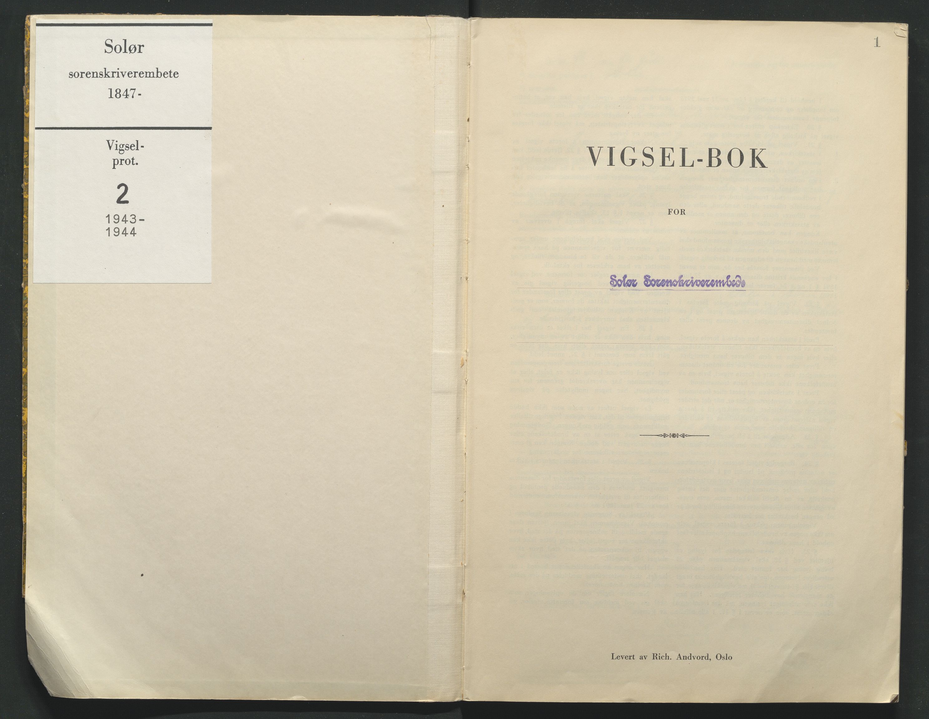 Solør tingrett, AV/SAH-TING-008/L/Lb/L0002: Vigselprotokoll, 1943-1944, p. 1