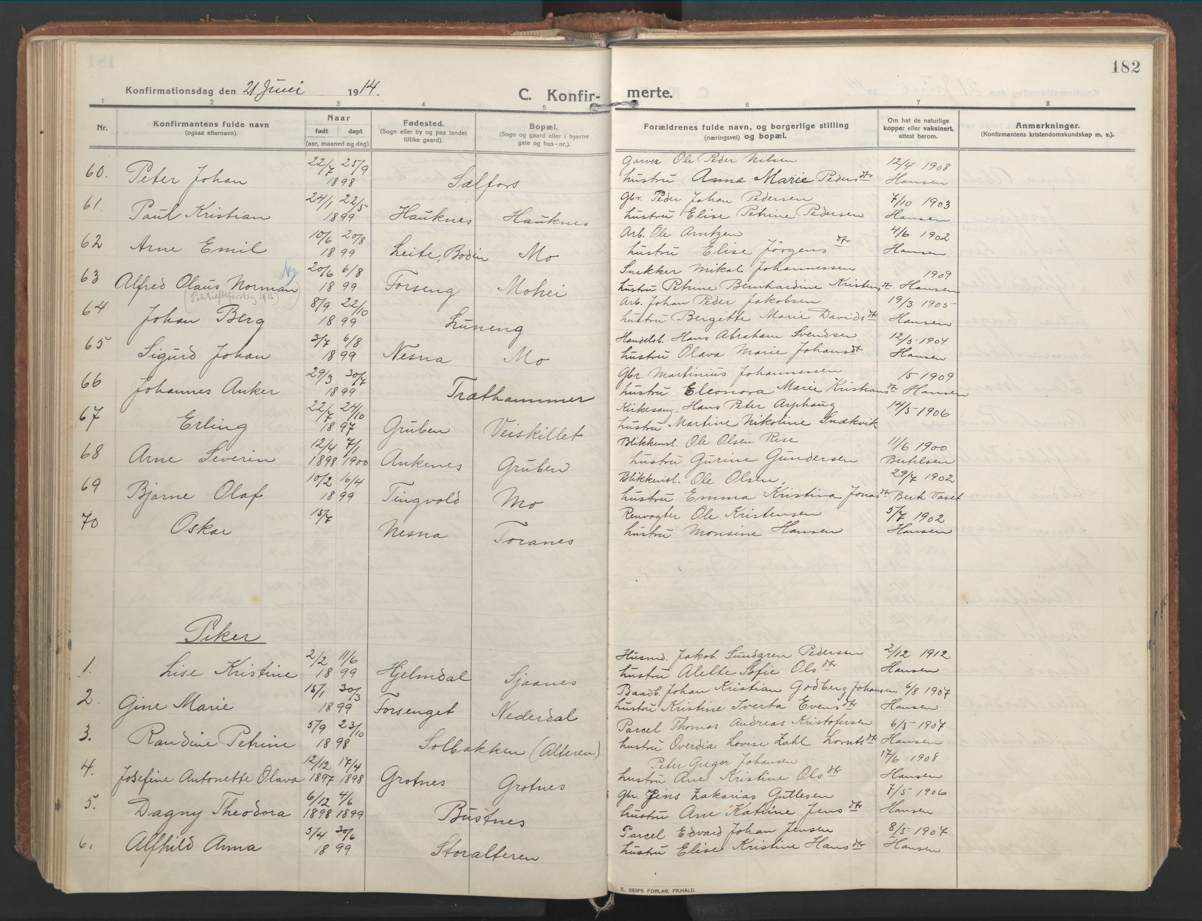 Ministerialprotokoller, klokkerbøker og fødselsregistre - Nordland, AV/SAT-A-1459/827/L0404: Parish register (official) no. 827A16, 1912-1925, p. 182