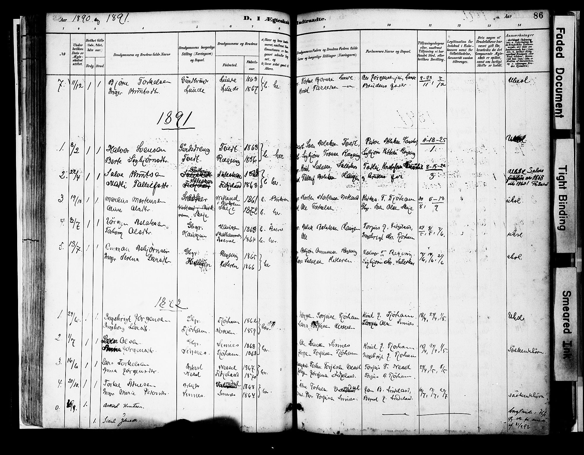 Sirdal sokneprestkontor, SAK/1111-0036/F/Fa/Faa/L0001: Parish register (official) no. A 1, 1887-1910, p. 86