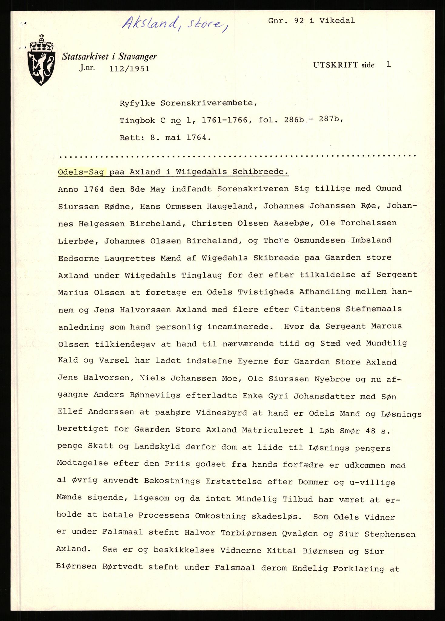 Statsarkivet i Stavanger, AV/SAST-A-101971/03/Y/Yj/L0001: Avskrifter sortert etter gårdsnavn: Abeland - Alvs-Eike, 1750-1930, p. 211