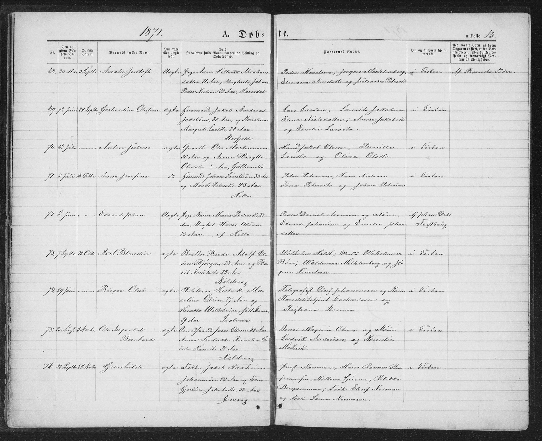 Ministerialprotokoller, klokkerbøker og fødselsregistre - Nordland, SAT/A-1459/874/L1074: Parish register (copy) no. 874C03, 1870-1876, p. 13
