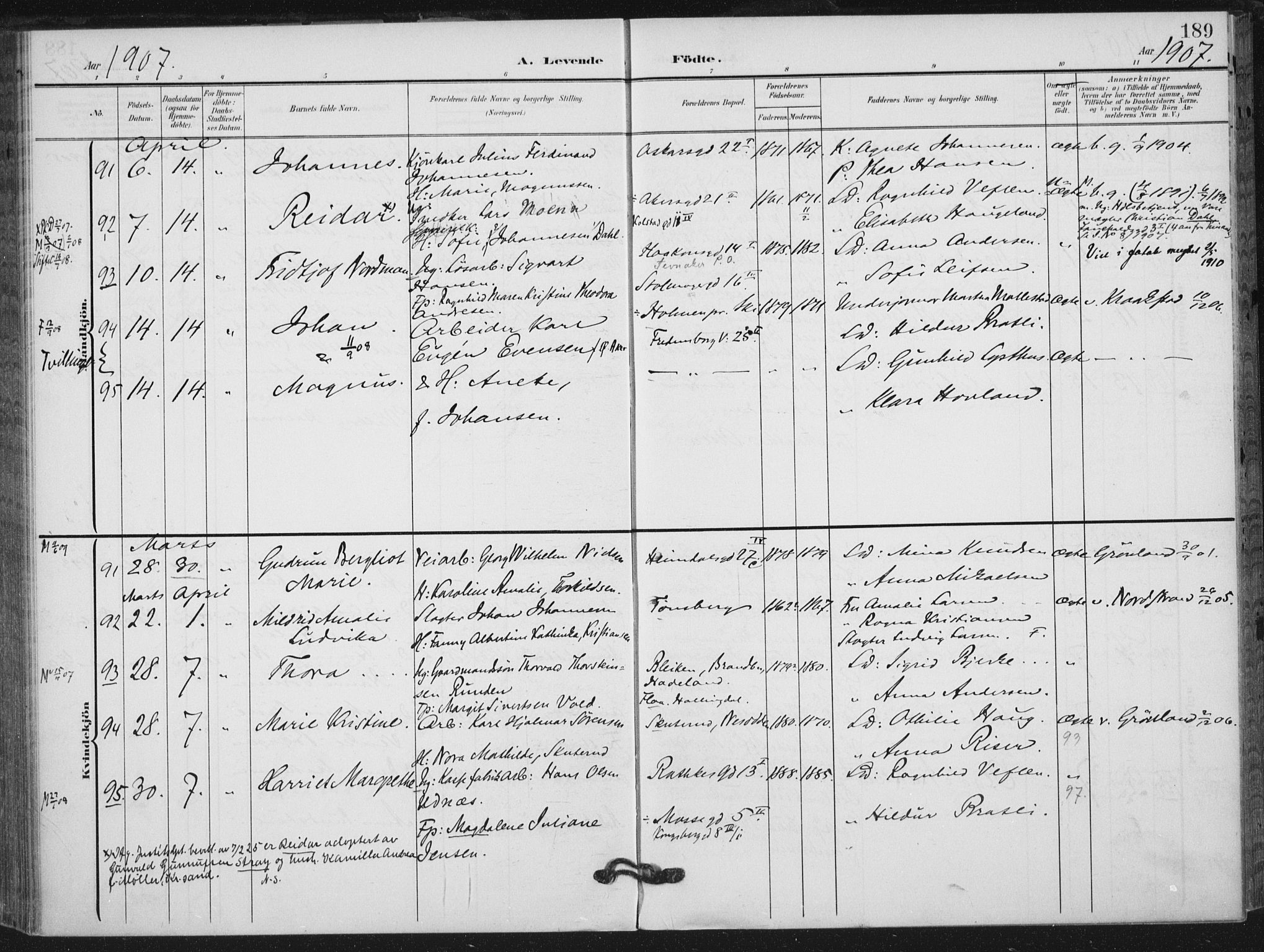 Rikshospitalet prestekontor Kirkebøker, AV/SAO-A-10309b/F/L0013: Parish register (official) no. 13, 1905-1908, p. 189