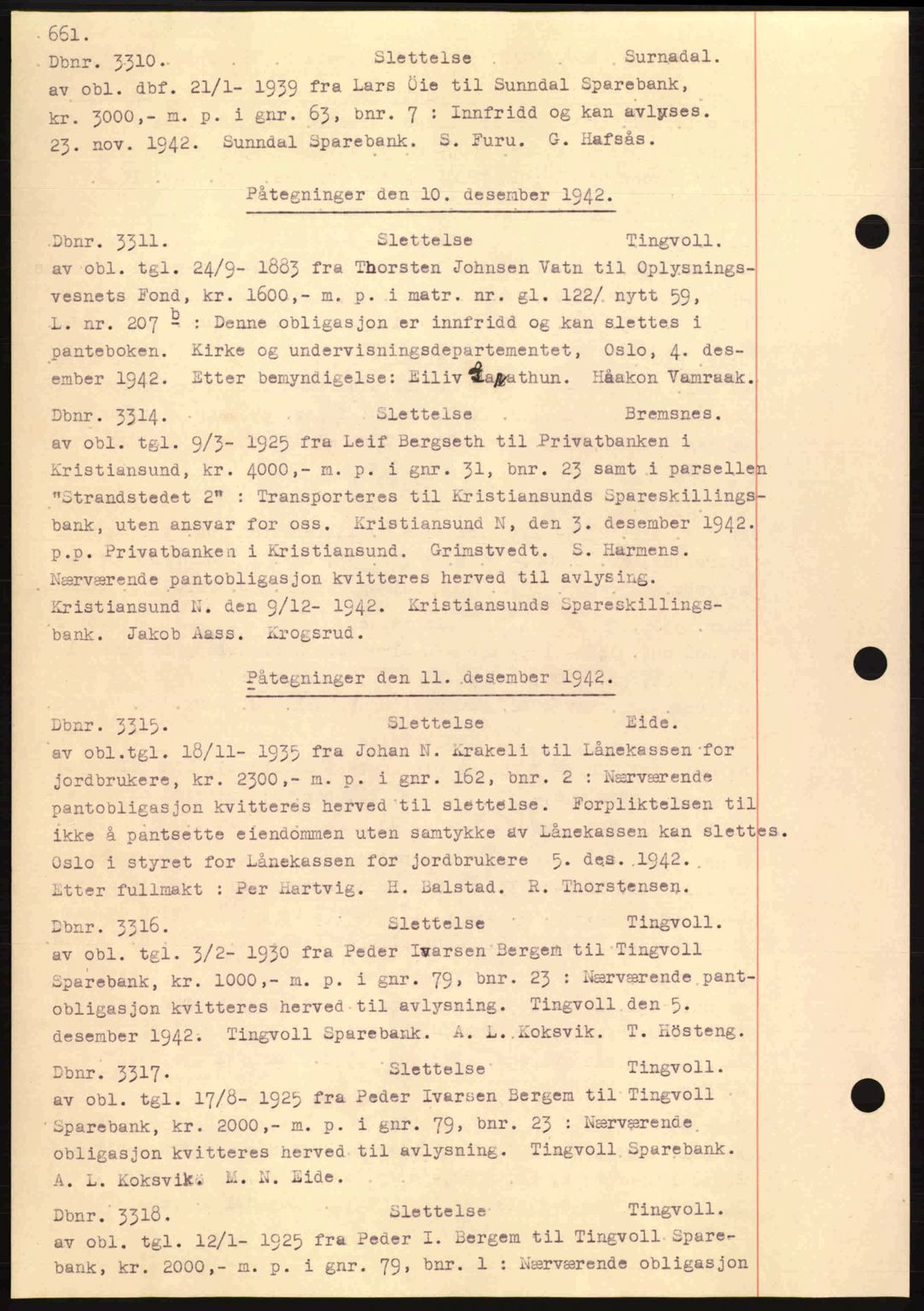 Nordmøre sorenskriveri, AV/SAT-A-4132/1/2/2Ca: Mortgage book no. C81, 1940-1945, Diary no: : 3310/1942