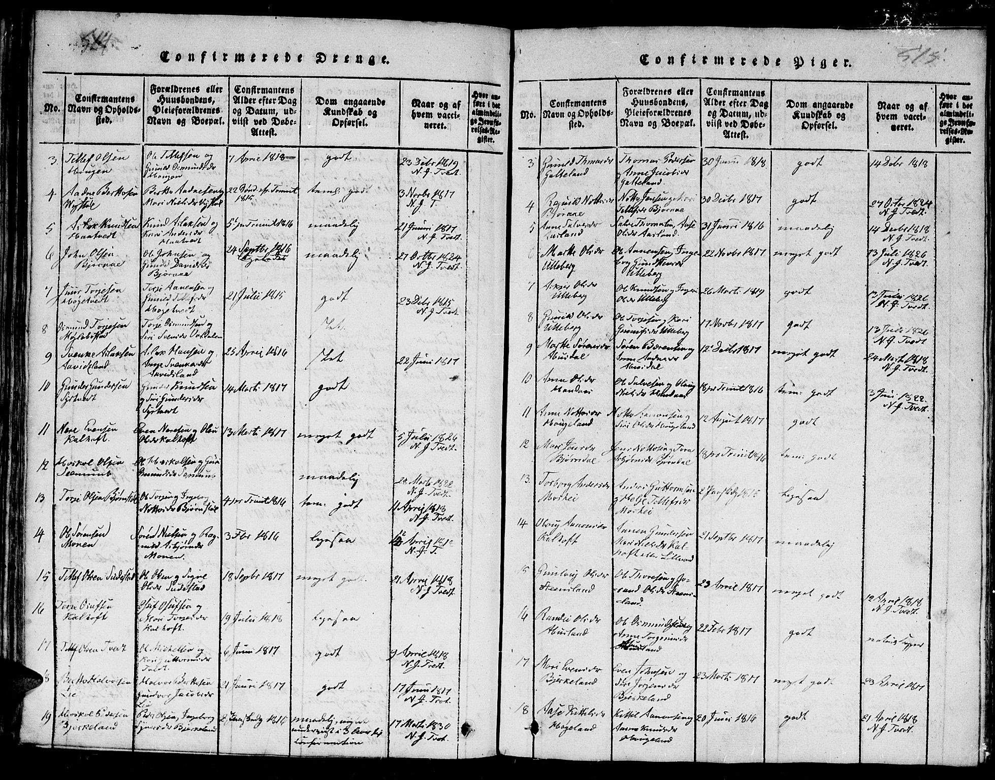 Evje sokneprestkontor, AV/SAK-1111-0008/F/Fb/Fba/L0001: Parish register (copy) no. B 1, 1816-1842, p. 514-515