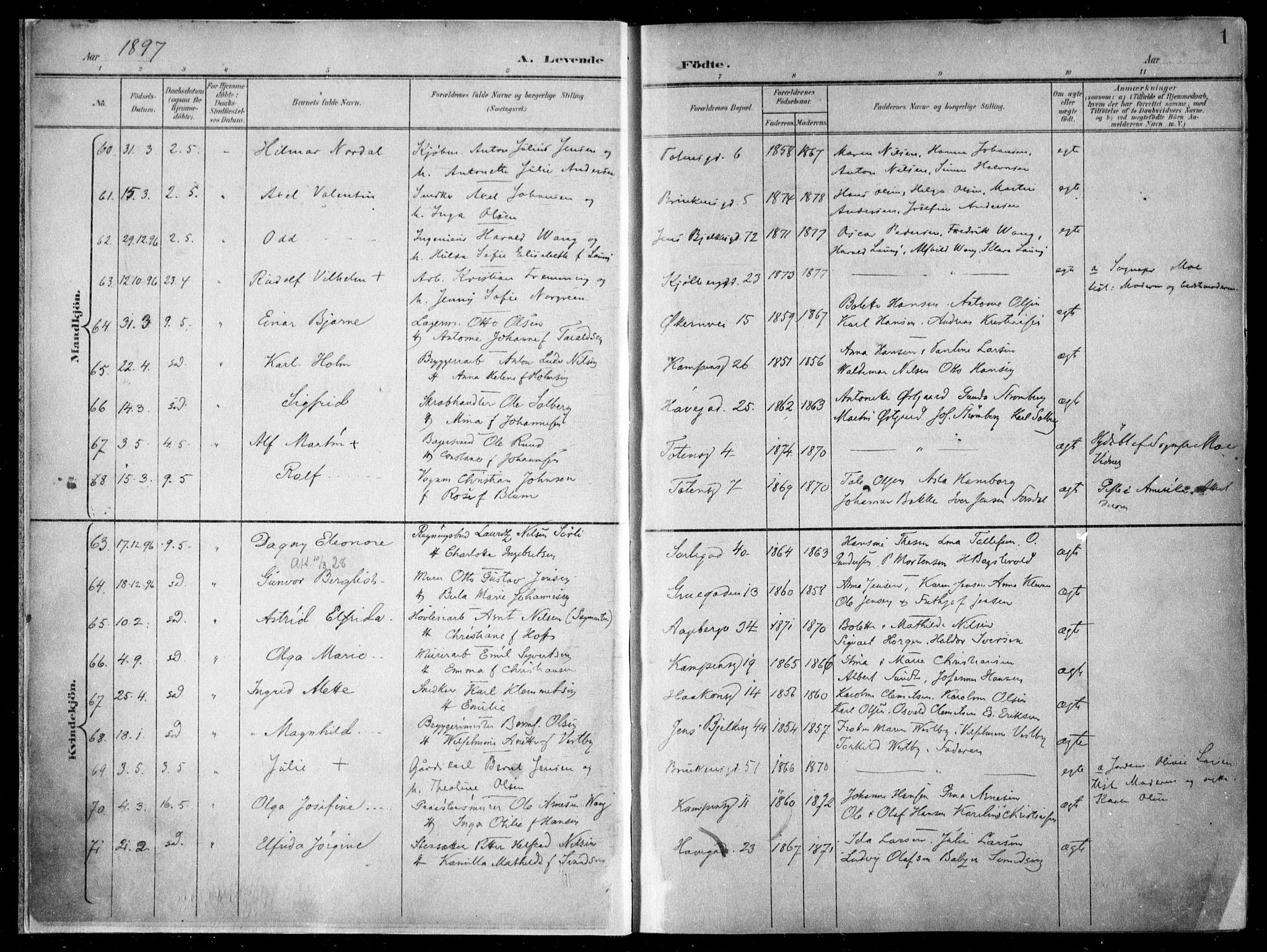 Kampen prestekontor Kirkebøker, SAO/A-10853/F/Fa/L0007: Parish register (official) no. I 7, 1897-1905, p. 1