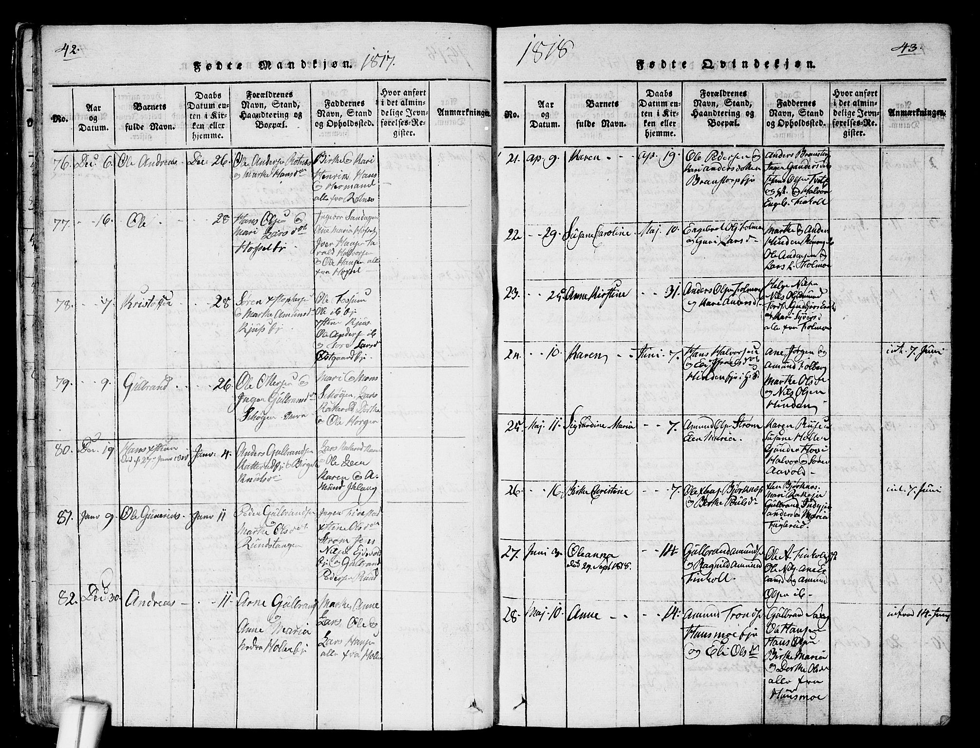 Nes prestekontor Kirkebøker, AV/SAO-A-10410/G/Ga/L0001: Parish register (copy) no. I 1, 1815-1835, p. 42-43