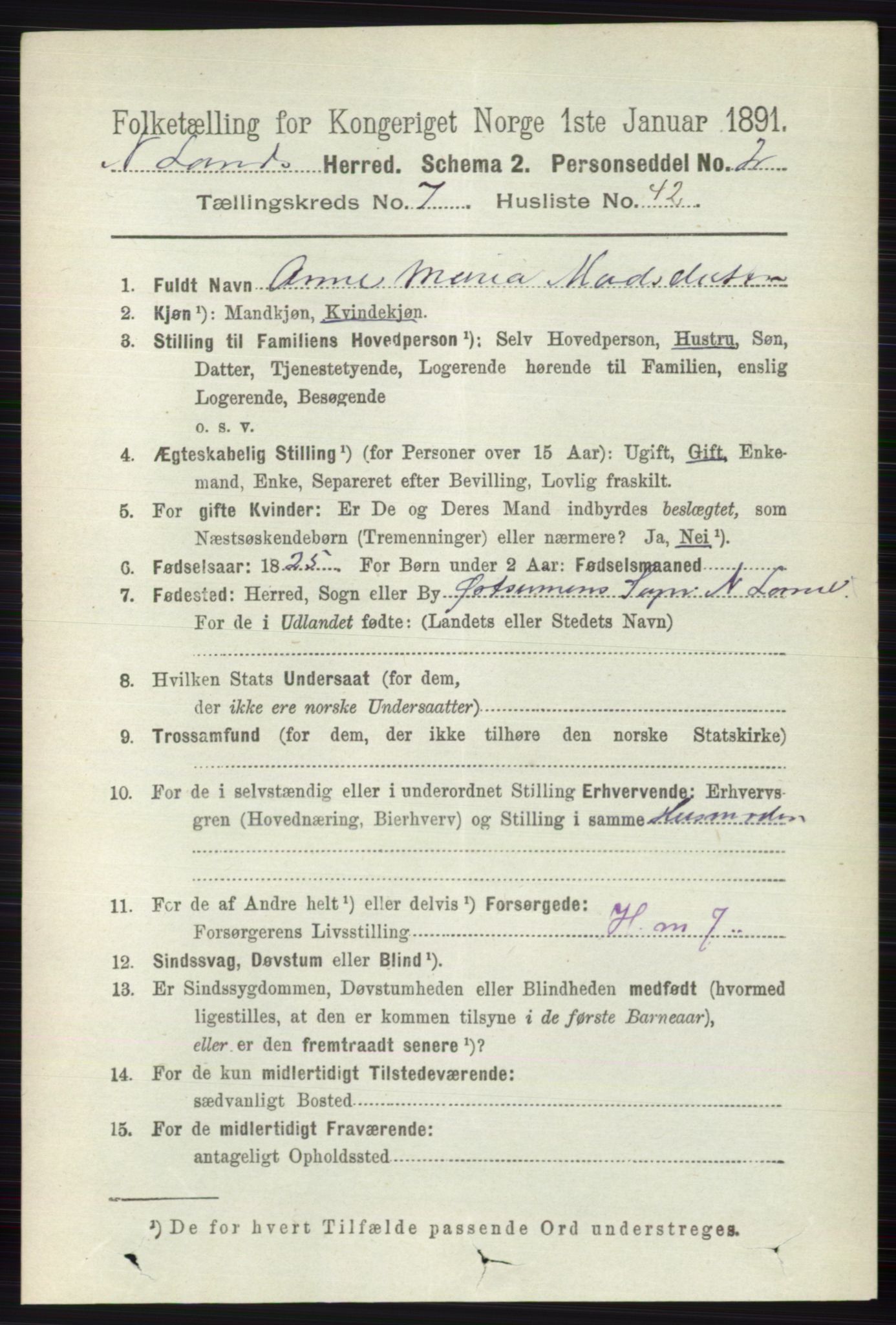 RA, 1891 census for 0538 Nordre Land, 1891, p. 2146