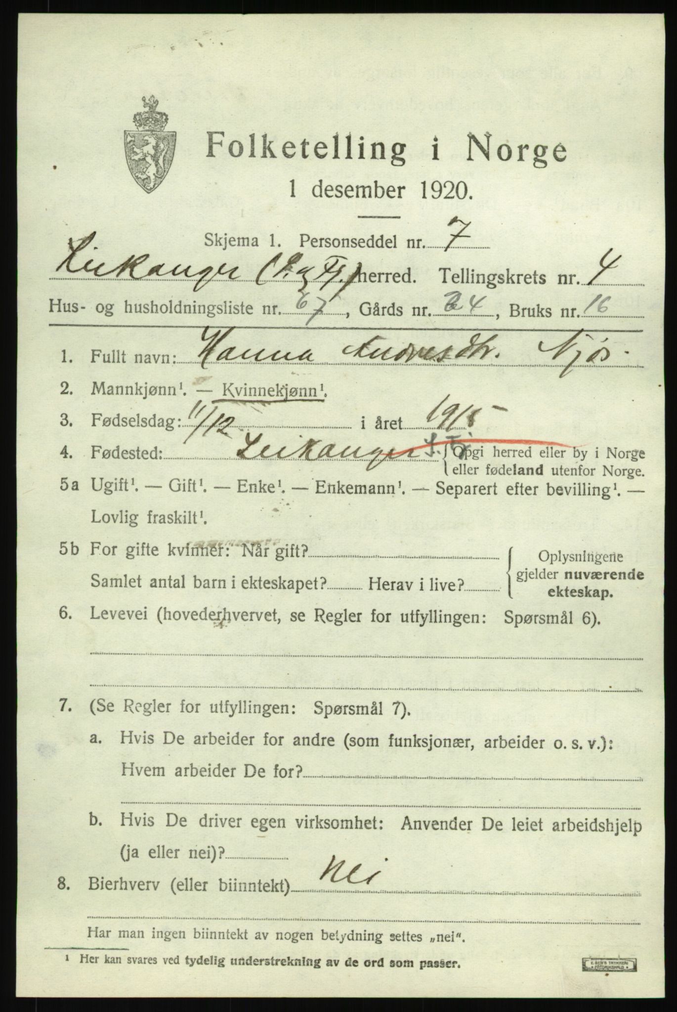 SAB, 1920 census for Leikanger, 1920, p. 3580