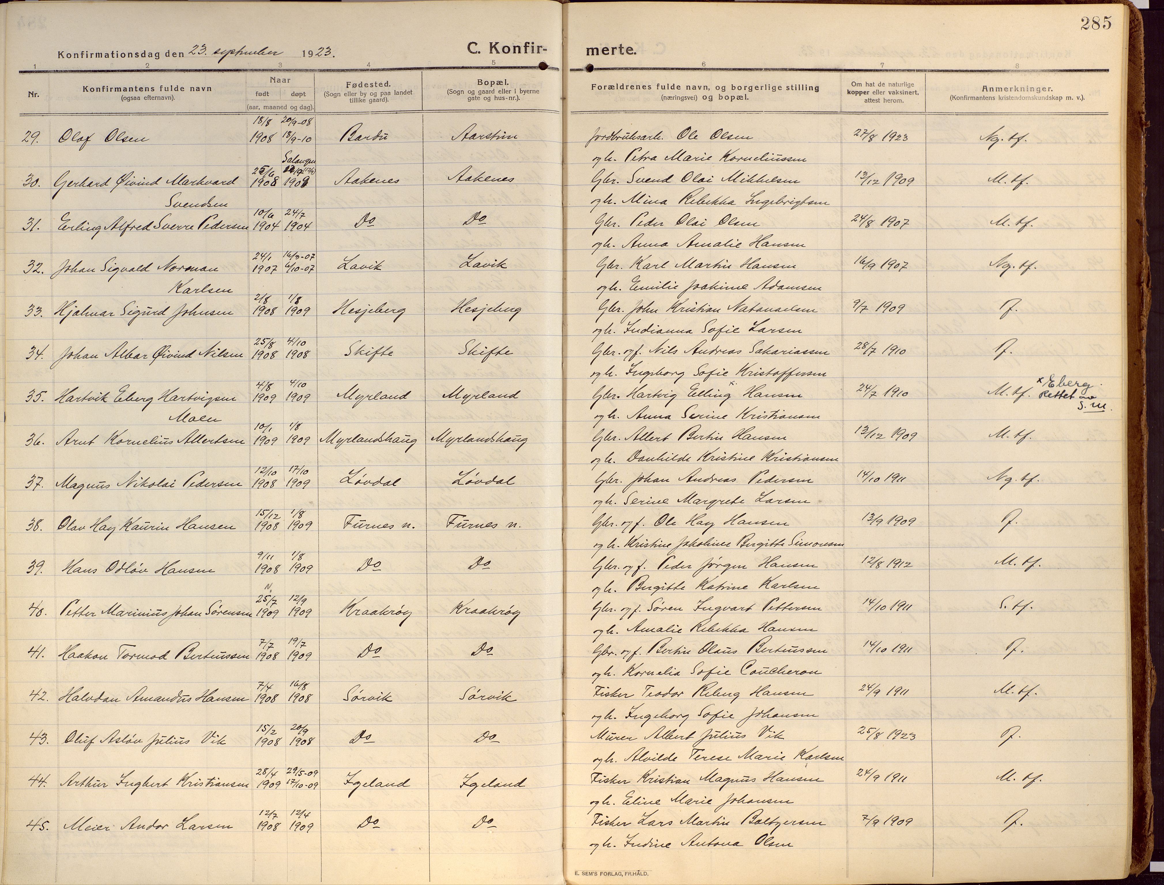 Ibestad sokneprestembete, AV/SATØ-S-0077/H/Ha/Haa/L0018kirke: Parish register (official) no. 18, 1915-1929, p. 285