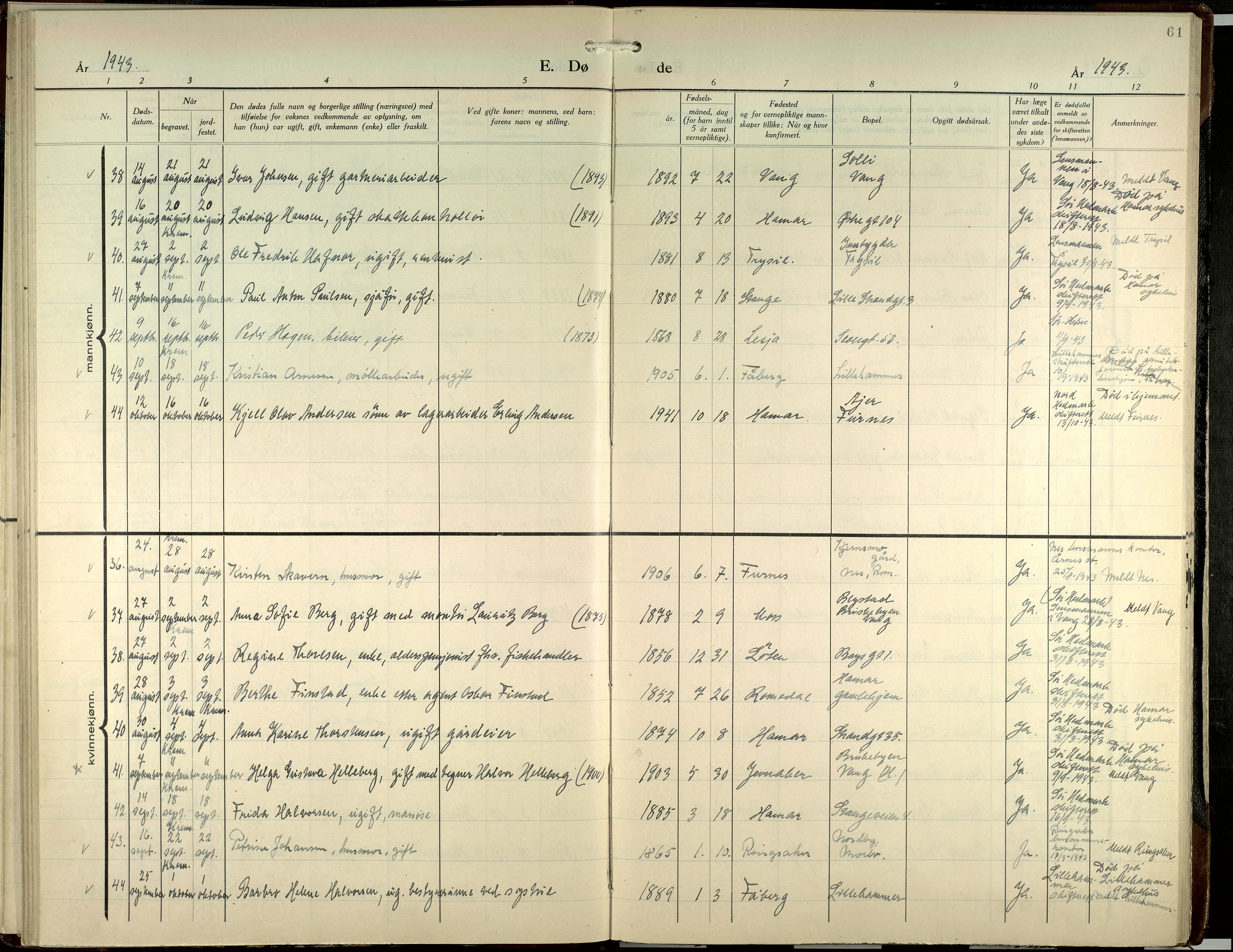 Hamar prestekontor, SAH/DOMPH-002/H/Ha/Haa/L0007: Parish register (official) no. 7, 1933-1953, p. 61