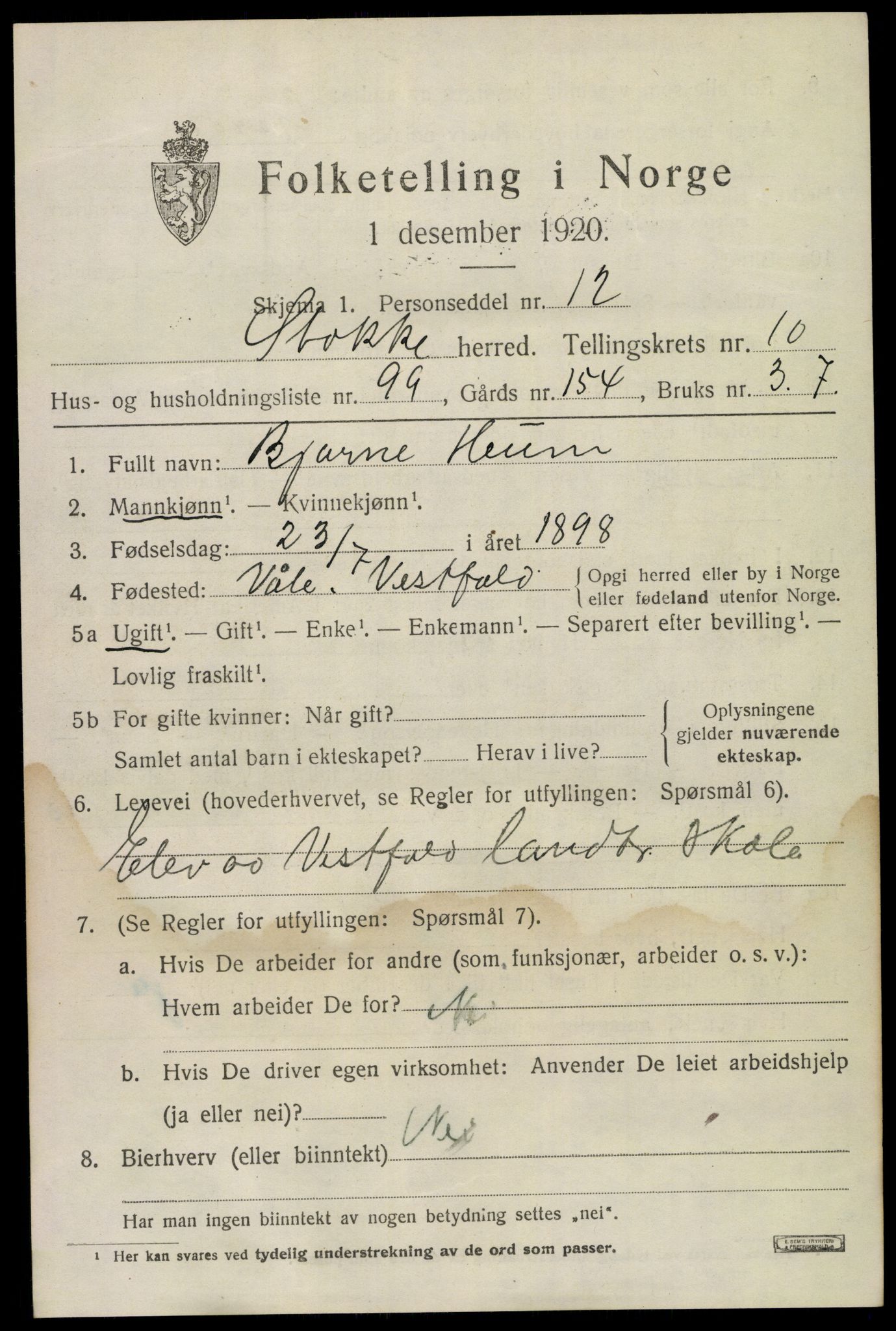 SAKO, 1920 census for Stokke, 1920, p. 12230