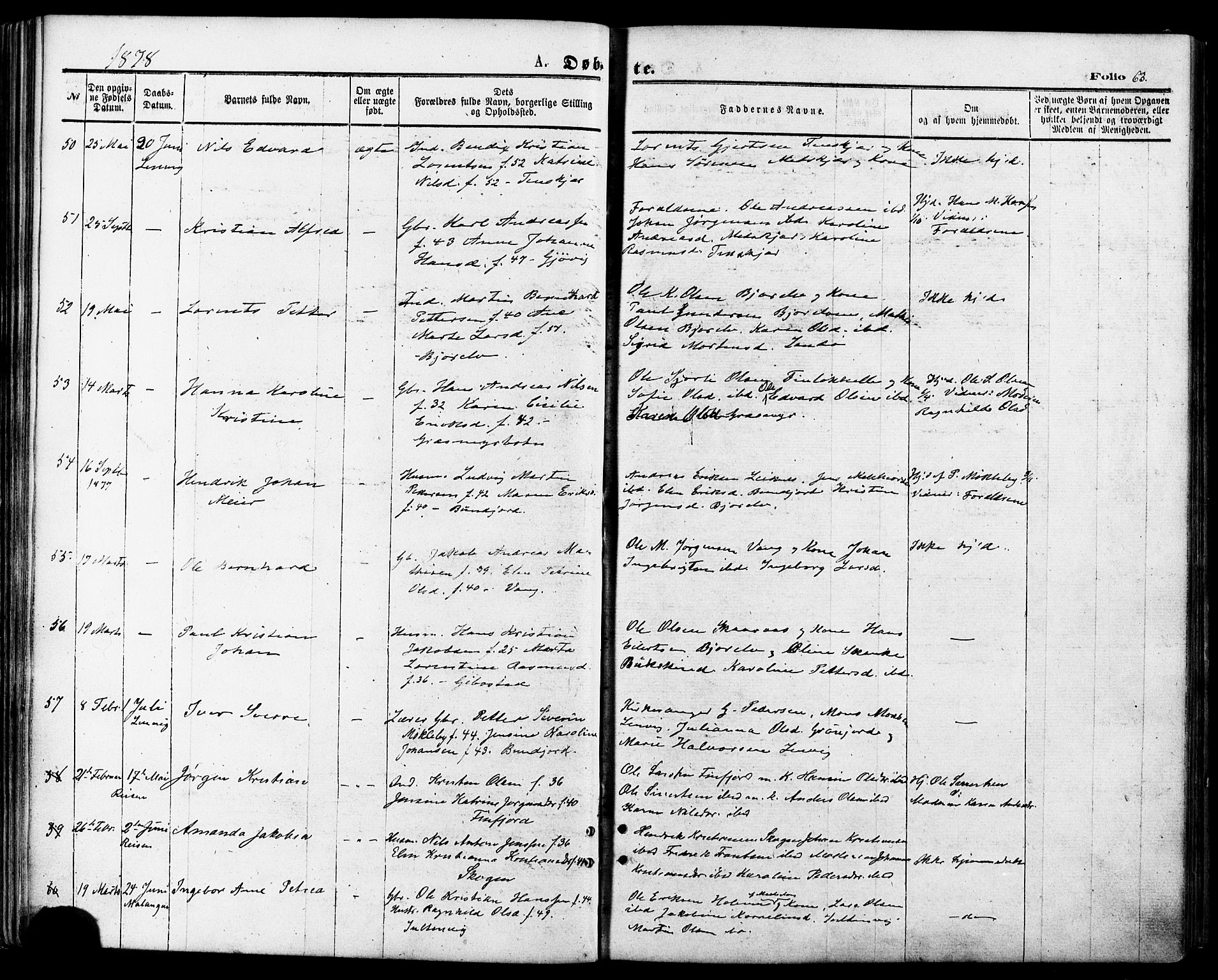 Lenvik sokneprestembete, SATØ/S-1310/H/Ha/Haa/L0010kirke: Parish register (official) no. 10, 1873-1880, p. 63
