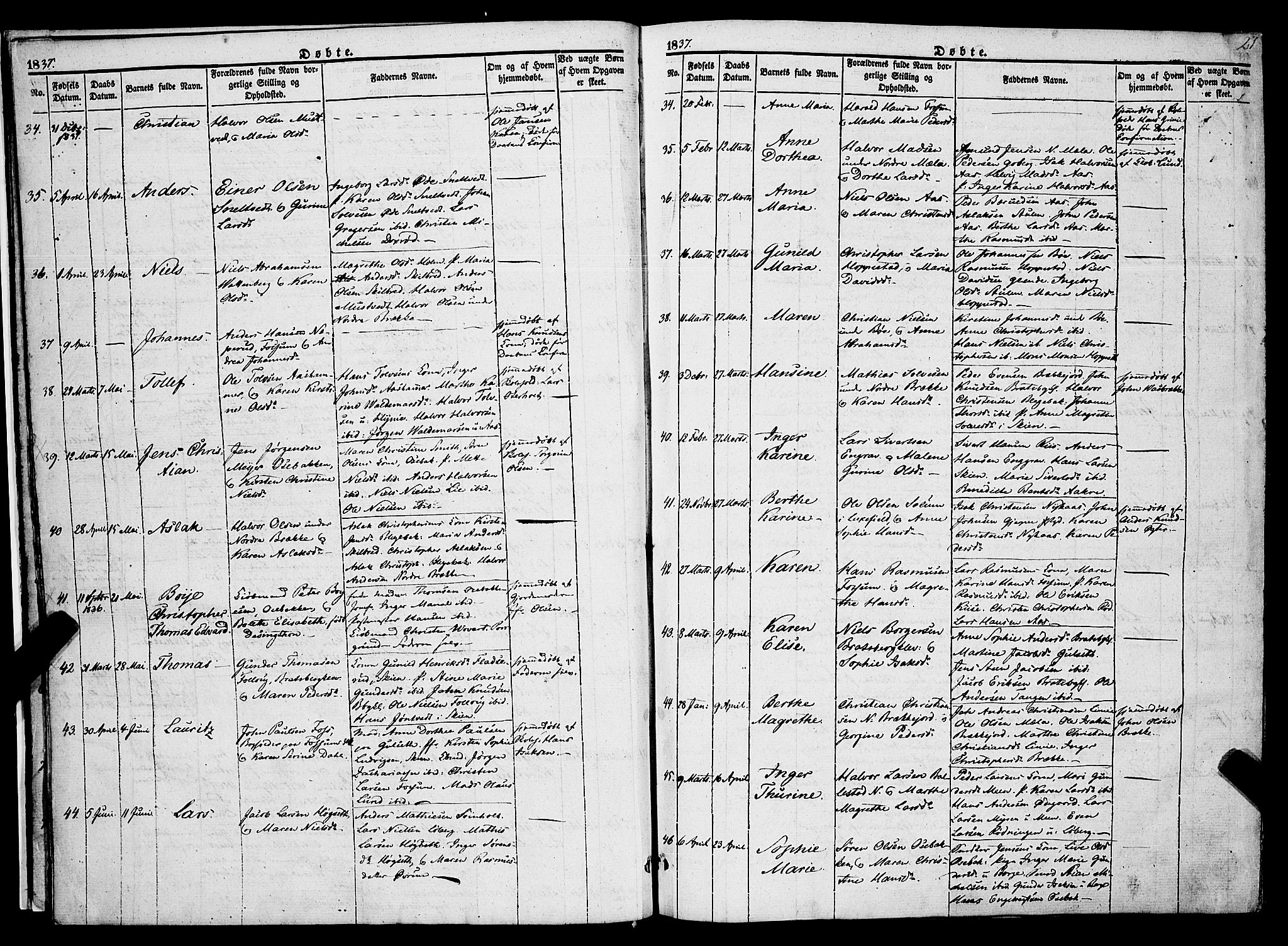 Gjerpen kirkebøker, SAKO/A-265/F/Fa/L0007a: Parish register (official) no. I 7A, 1834-1857, p. 21