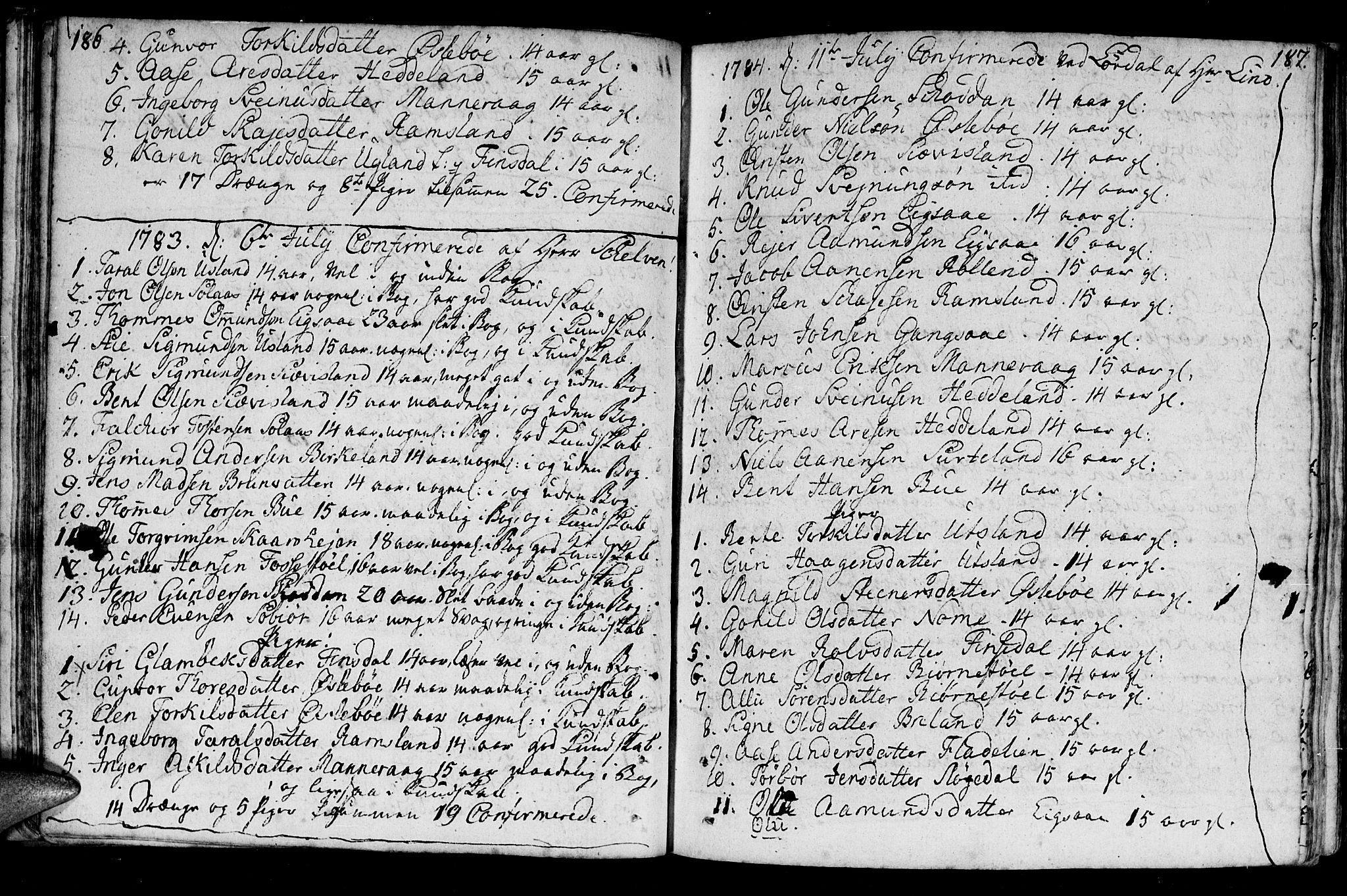 Holum sokneprestkontor, SAK/1111-0022/F/Fa/Fac/L0001: Parish register (official) no. A 1, 1773-1820, p. 186-187