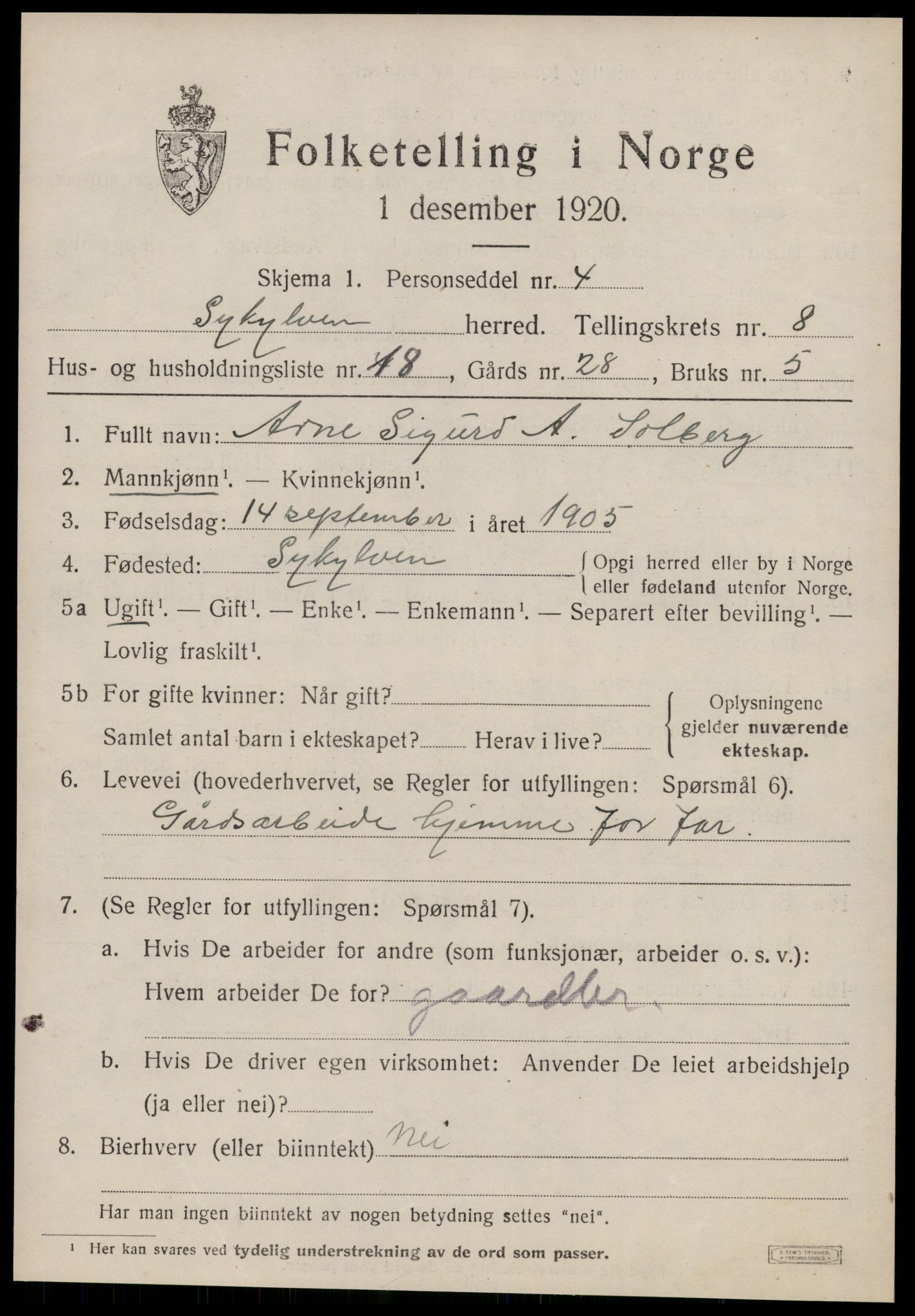 SAT, 1920 census for Sykkylven, 1920, p. 4499