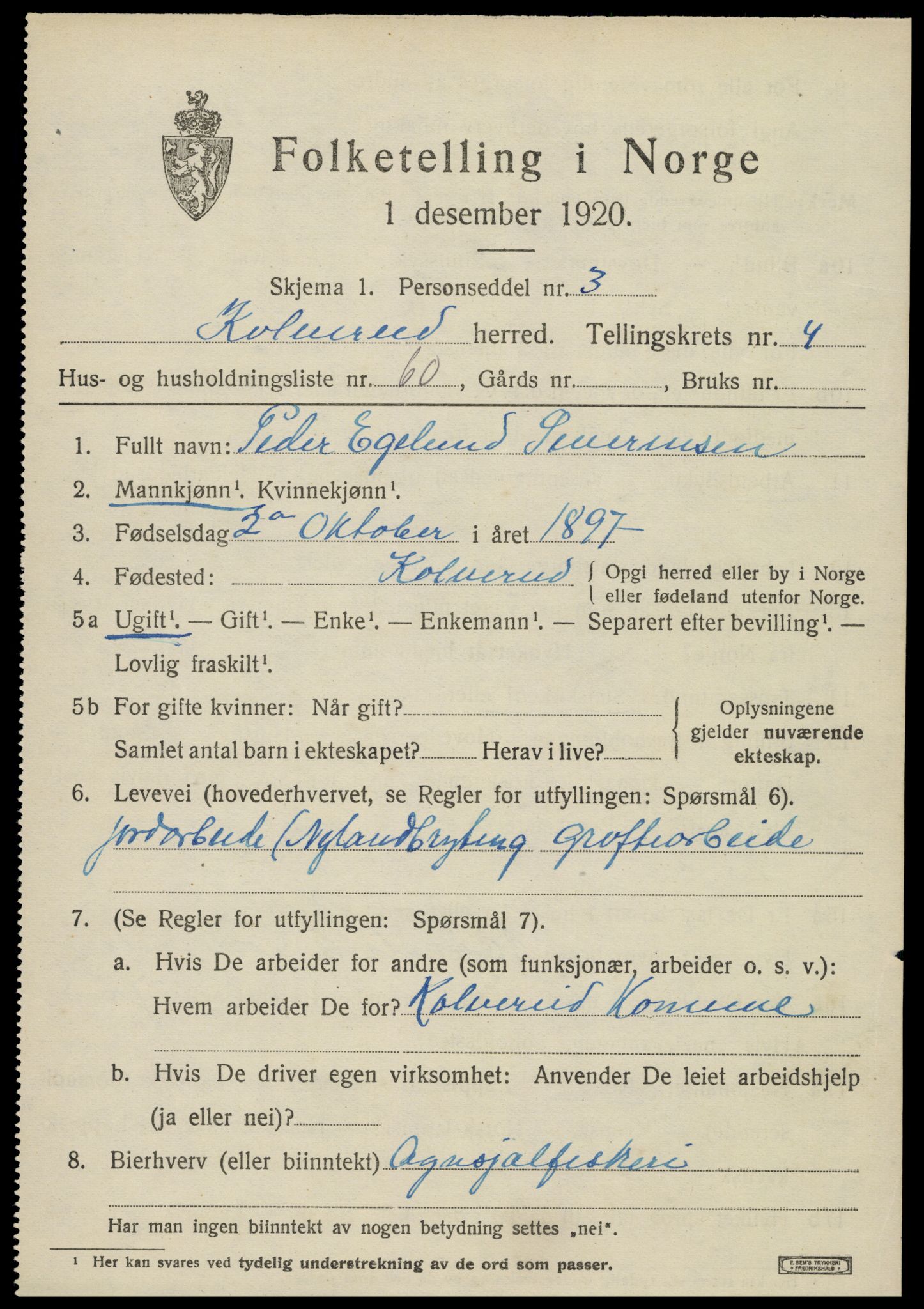 SAT, 1920 census for Kolvereid, 1920, p. 3117