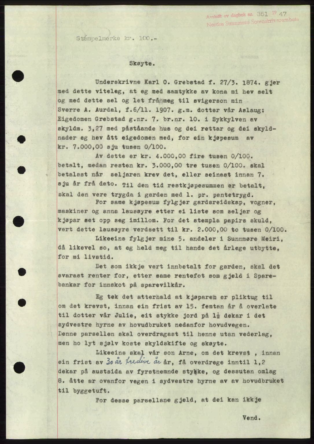 Nordre Sunnmøre sorenskriveri, AV/SAT-A-0006/1/2/2C/2Ca: Mortgage book no. A24, 1947-1947, Diary no: : 351/1947