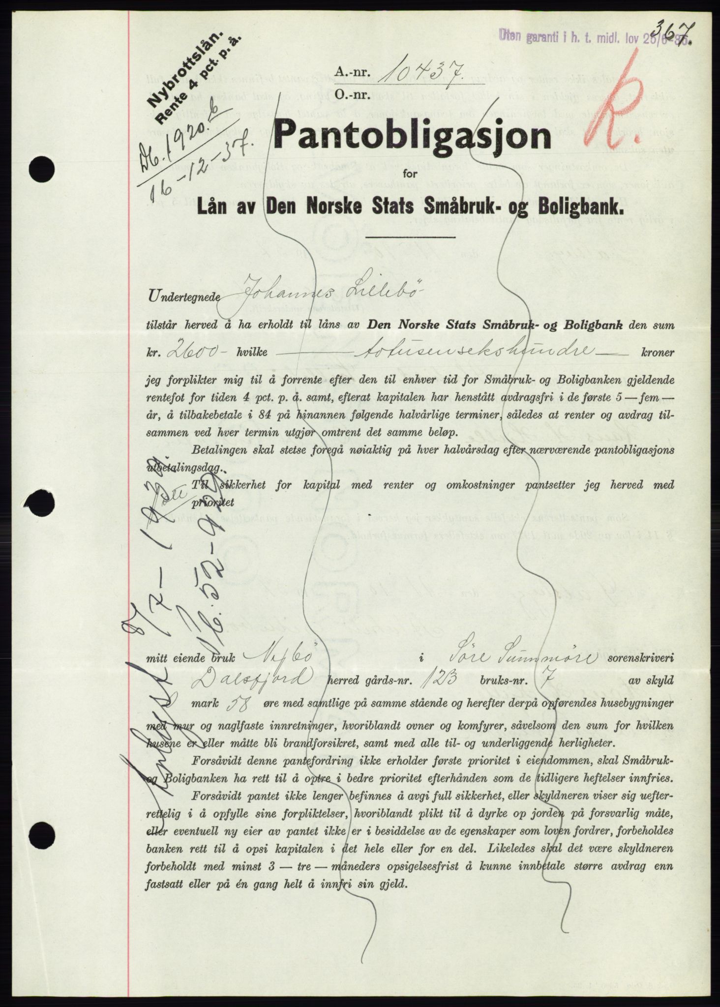 Søre Sunnmøre sorenskriveri, AV/SAT-A-4122/1/2/2C/L0064: Mortgage book no. 58, 1937-1938, Diary no: : 1820/1937