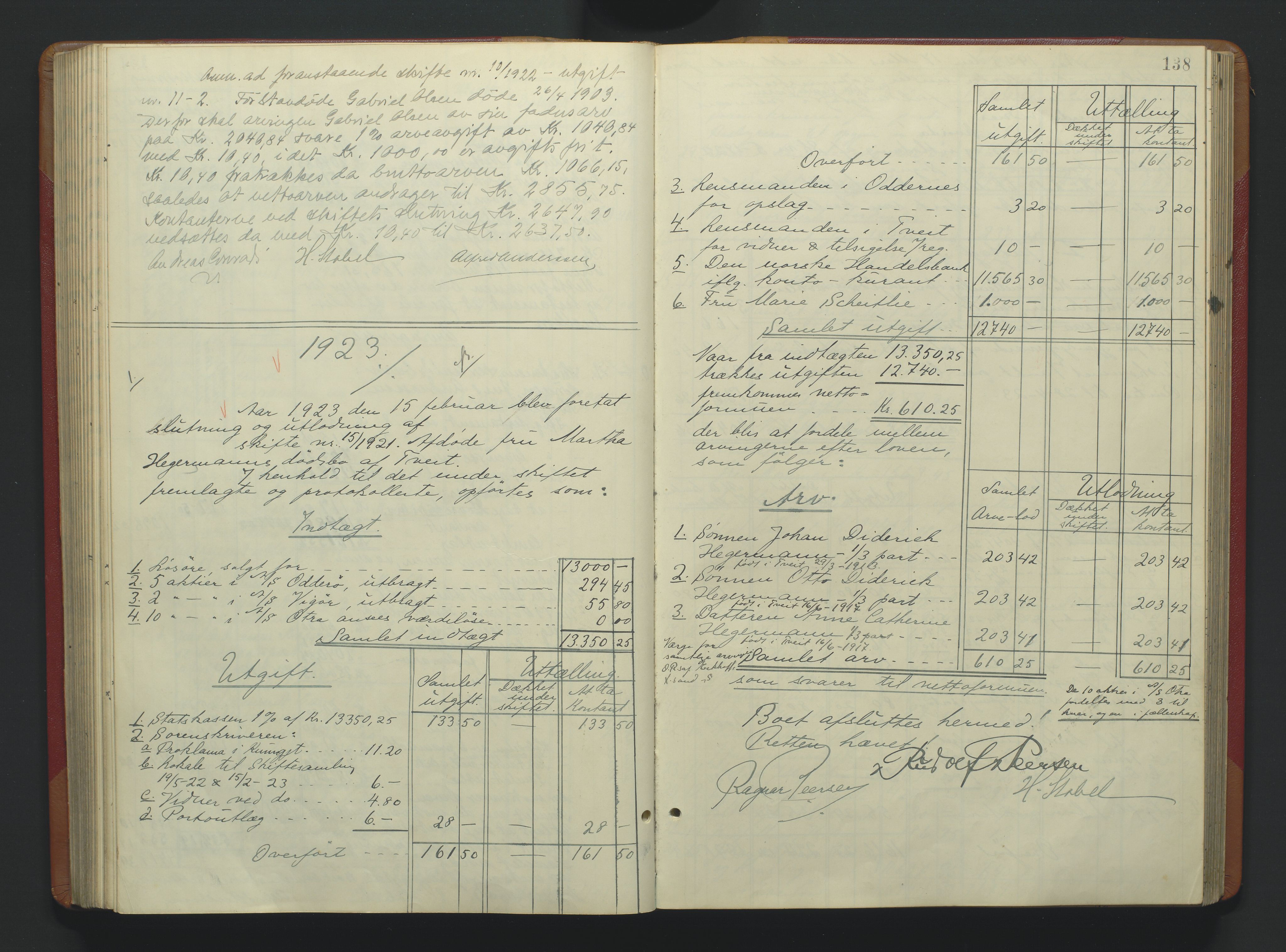 Torridal sorenskriveri, SAK/1221-0012/H/Hc/L0037: Skifteutlodningsprotokoll med navneregister nr. 6, 1918-1927, p. 138