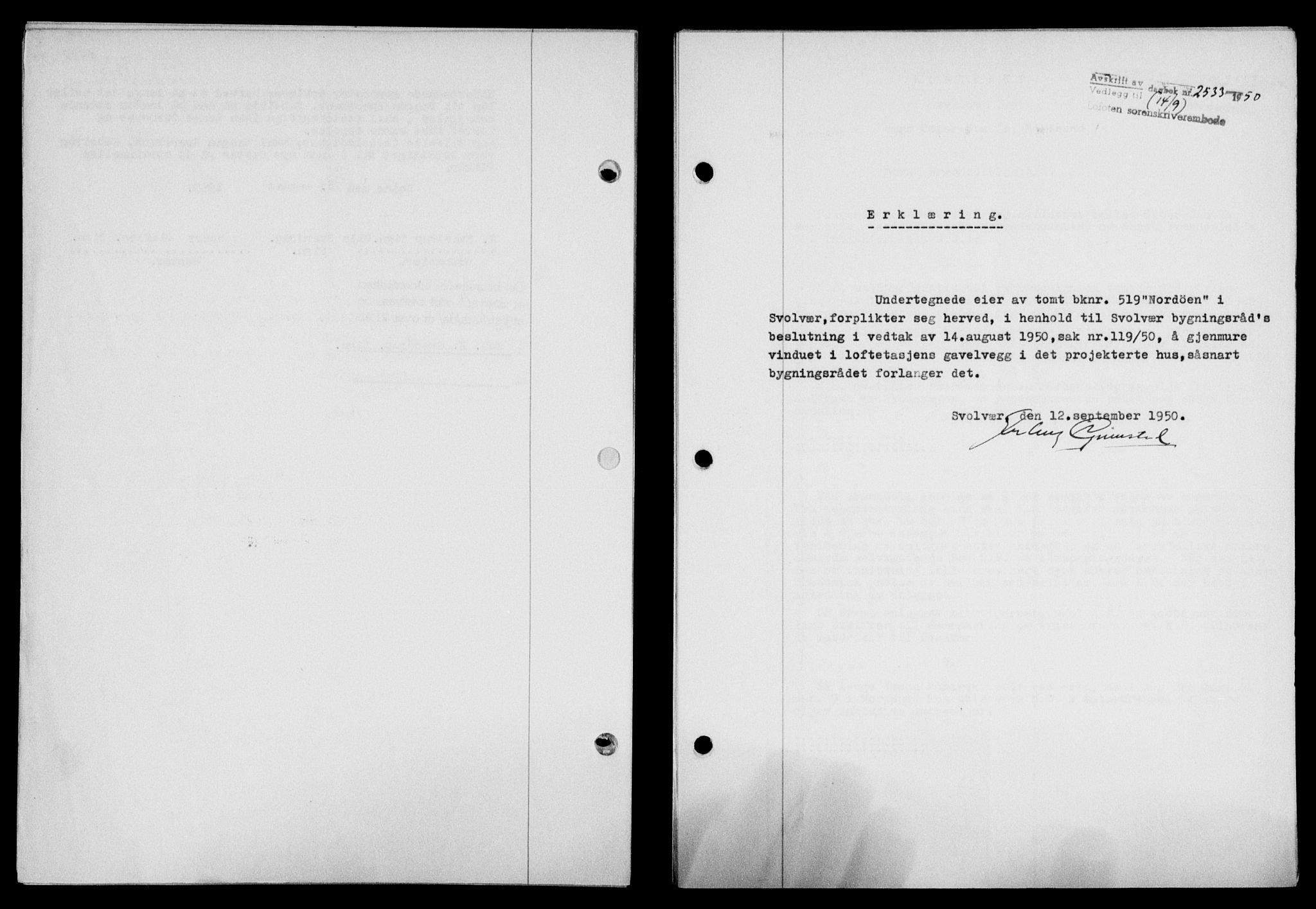 Lofoten sorenskriveri, SAT/A-0017/1/2/2C/L0024a: Mortgage book no. 24a, 1950-1950, Diary no: : 2533/1950