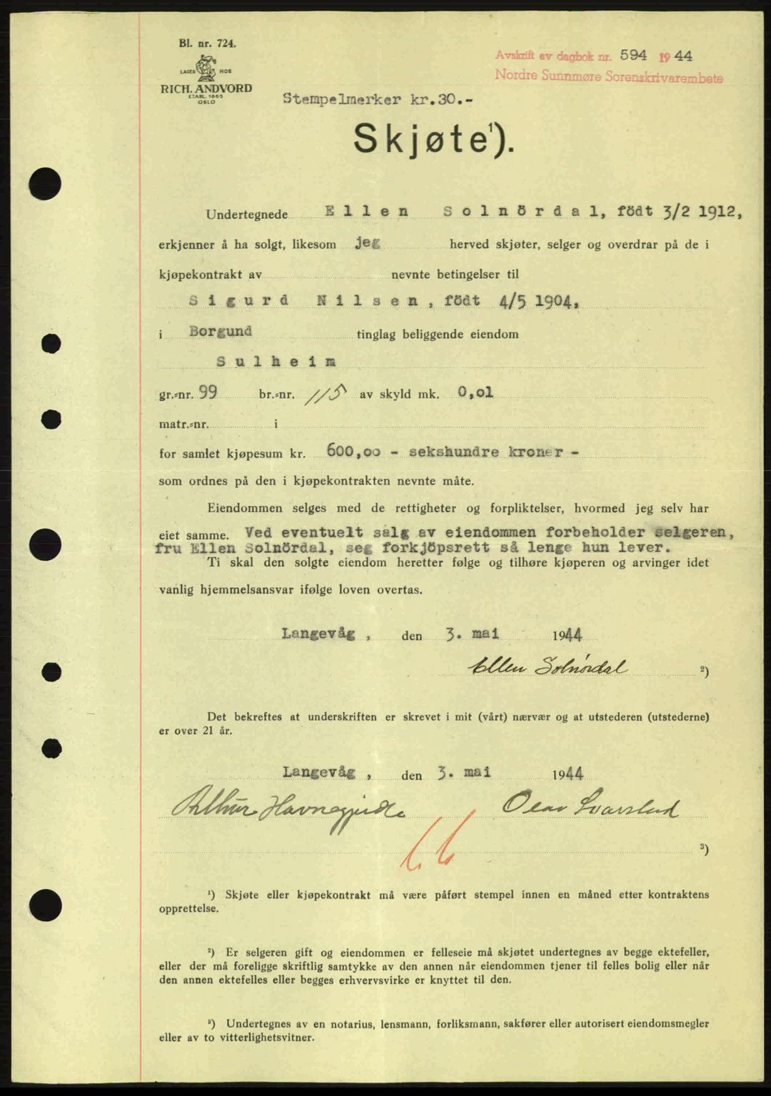 Nordre Sunnmøre sorenskriveri, AV/SAT-A-0006/1/2/2C/2Ca: Mortgage book no. A17, 1943-1944, Diary no: : 594/1944