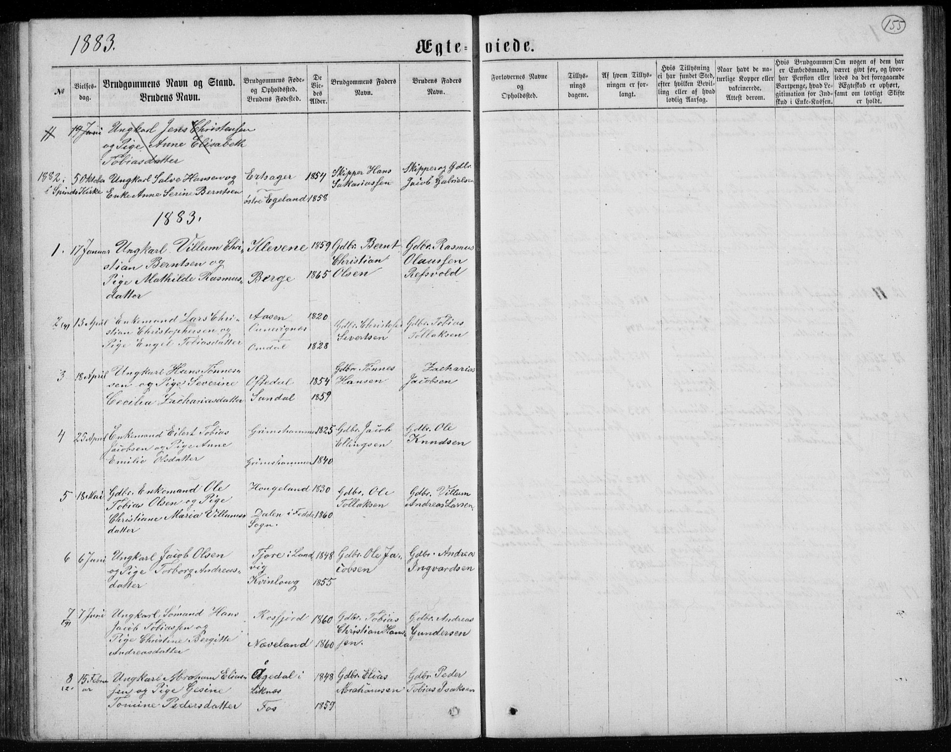 Lyngdal sokneprestkontor, AV/SAK-1111-0029/F/Fb/Fbc/L0004: Parish register (copy) no. B 4, 1878-1896, p. 155