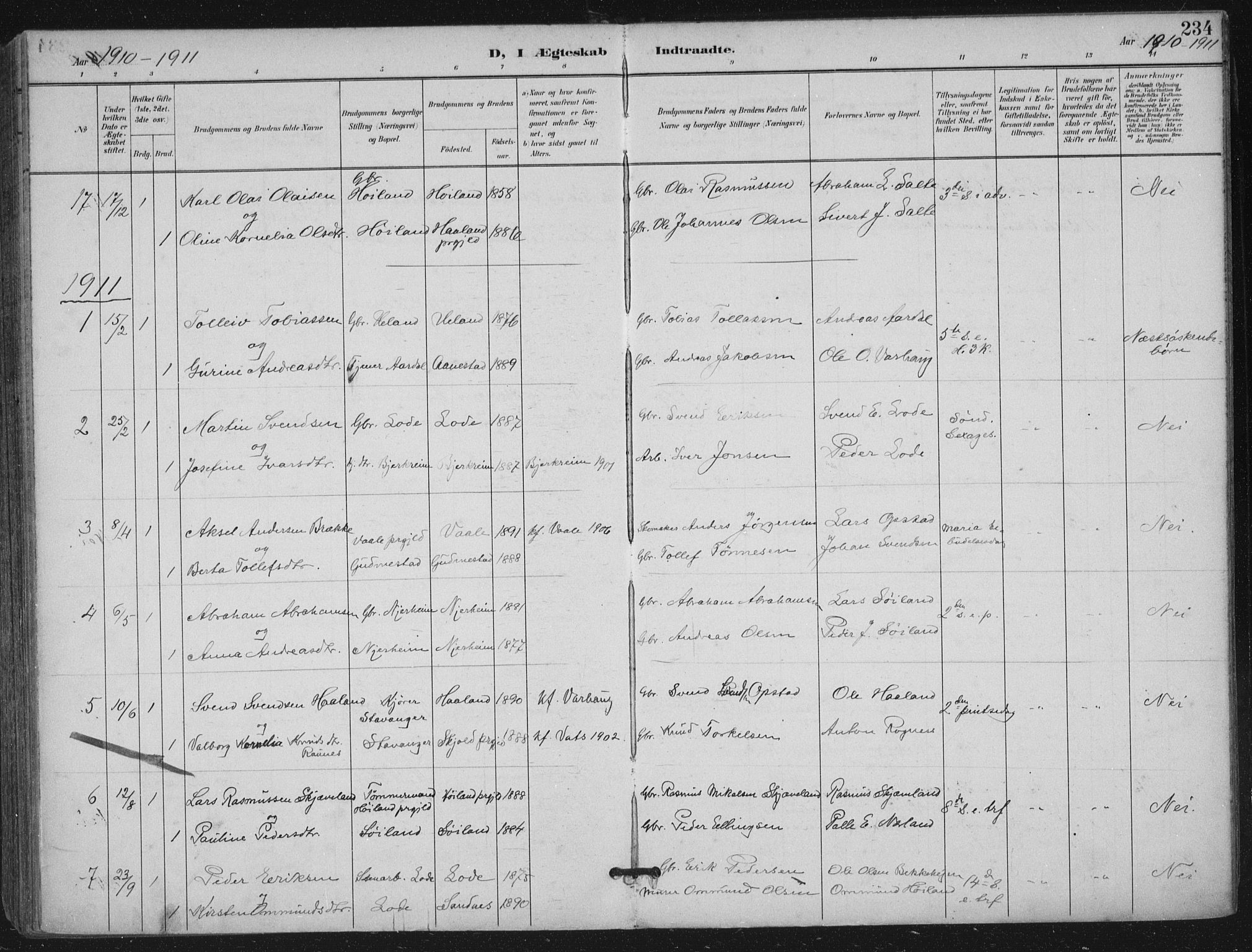 Hå sokneprestkontor, SAST/A-101801/002/B/L0001: Parish register (official) no. A 11, 1897-1924, p. 234
