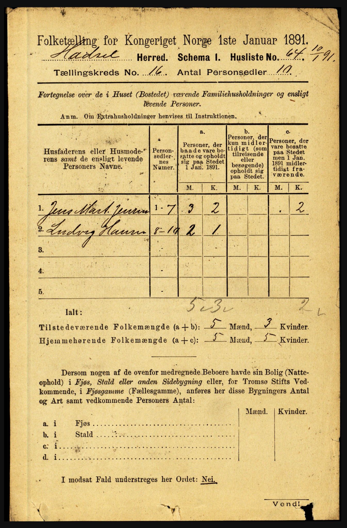 RA, 1891 census for 1866 Hadsel, 1891, p. 7269