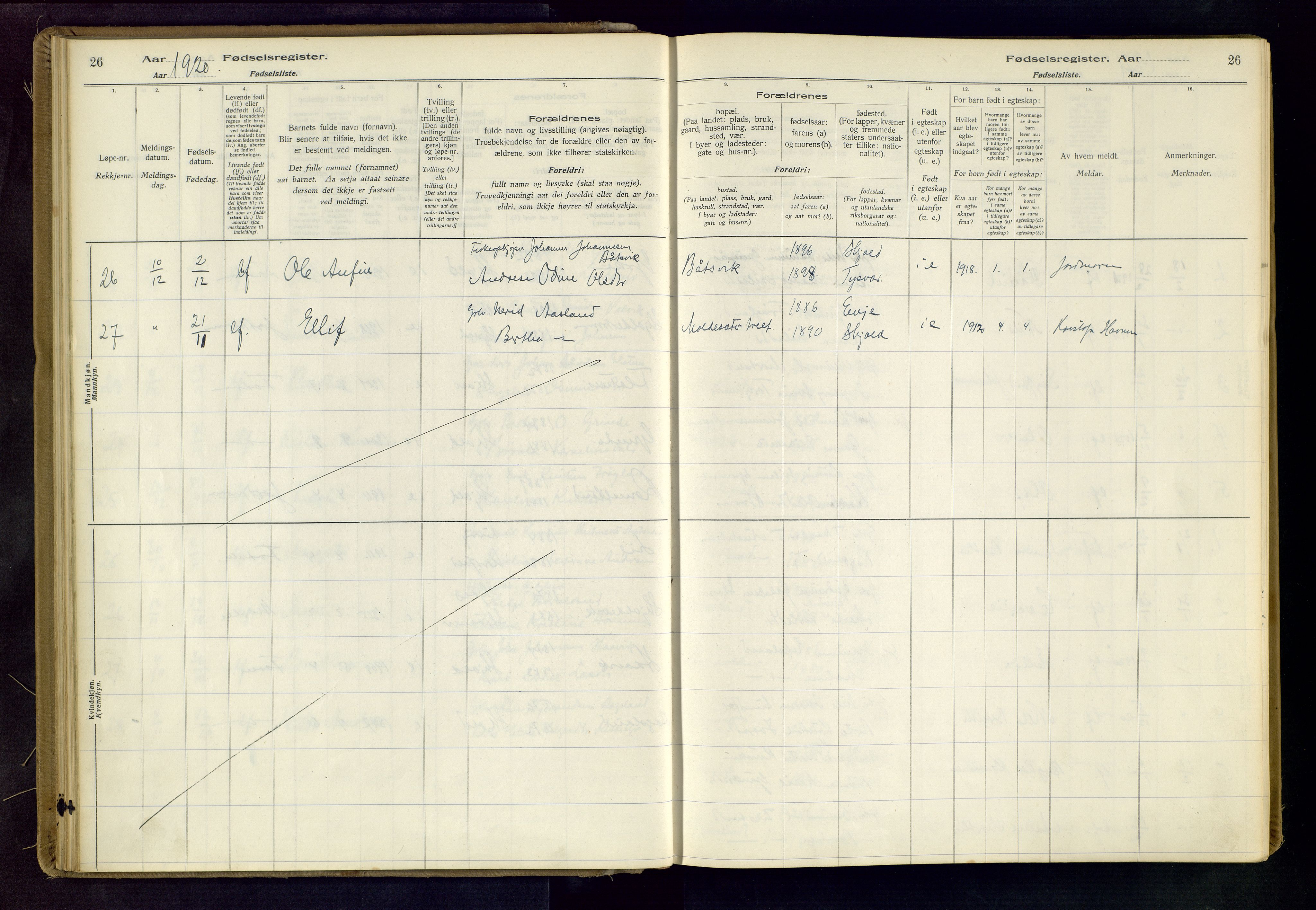 Skjold sokneprestkontor, SAST/A-101847/I/Id/L0001: Birth register no. 1, 1917-1951, p. 26