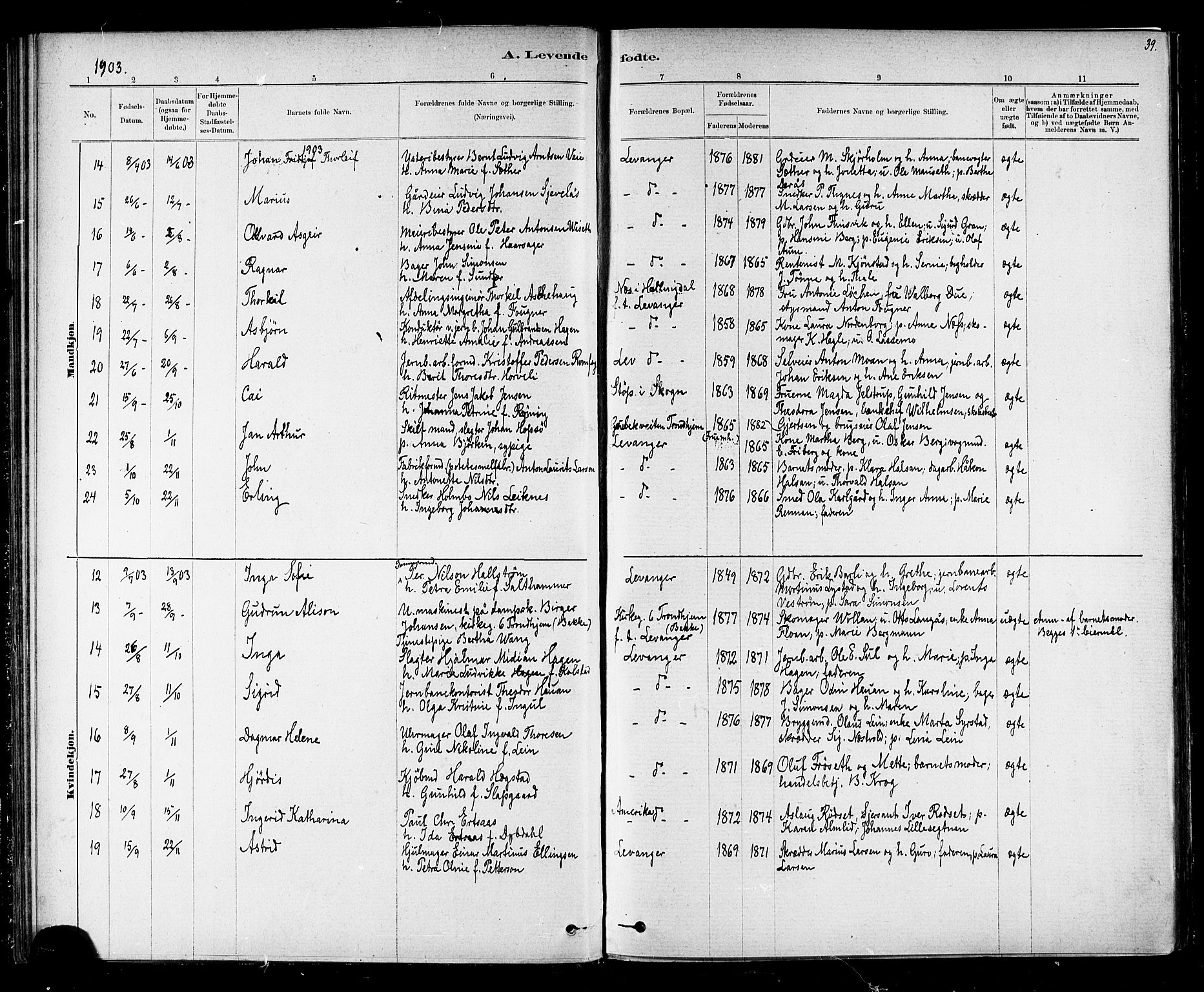 Ministerialprotokoller, klokkerbøker og fødselsregistre - Nord-Trøndelag, AV/SAT-A-1458/720/L0192: Parish register (copy) no. 720C01, 1880-1917, p. 39