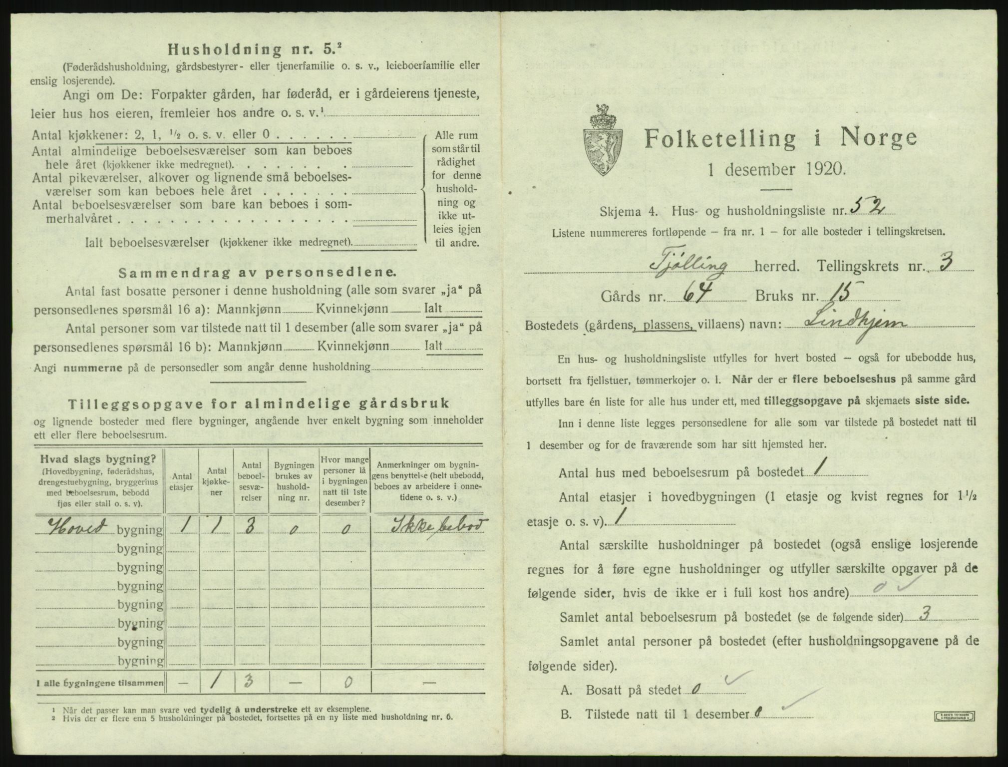 SAKO, 1920 census for Tjølling, 1920, p. 1069