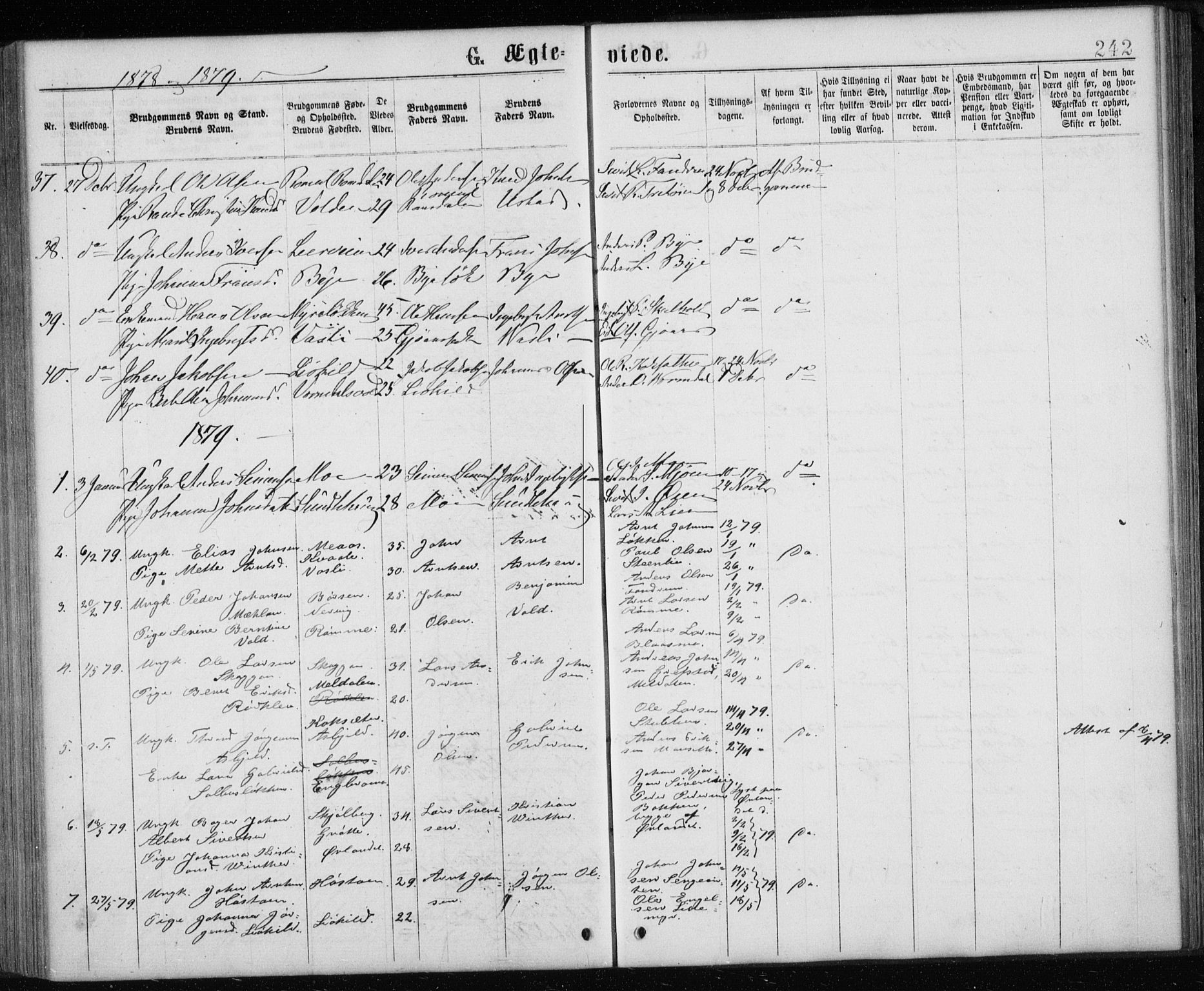 Ministerialprotokoller, klokkerbøker og fødselsregistre - Sør-Trøndelag, SAT/A-1456/668/L0817: Parish register (copy) no. 668C06, 1873-1884, p. 242