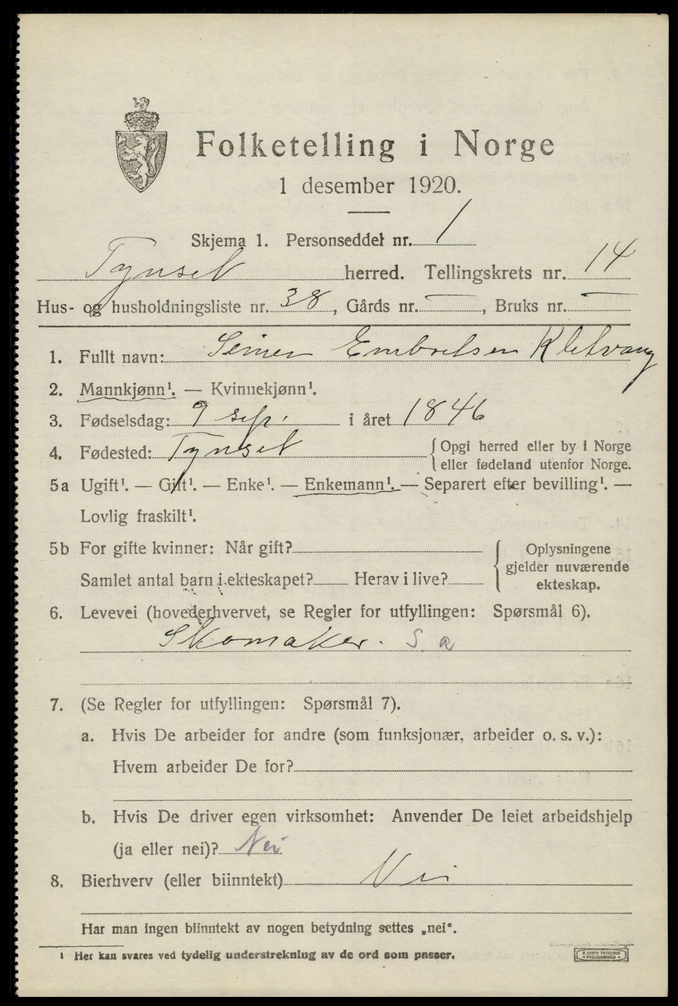 SAH, 1920 census for Tynset, 1920, p. 9222