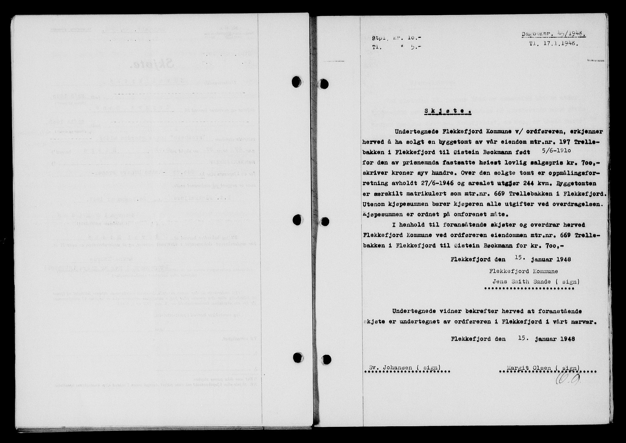 Flekkefjord sorenskriveri, SAK/1221-0001/G/Gb/Gba/L0063: Mortgage book no. A-11, 1947-1948, Diary no: : 45/1948
