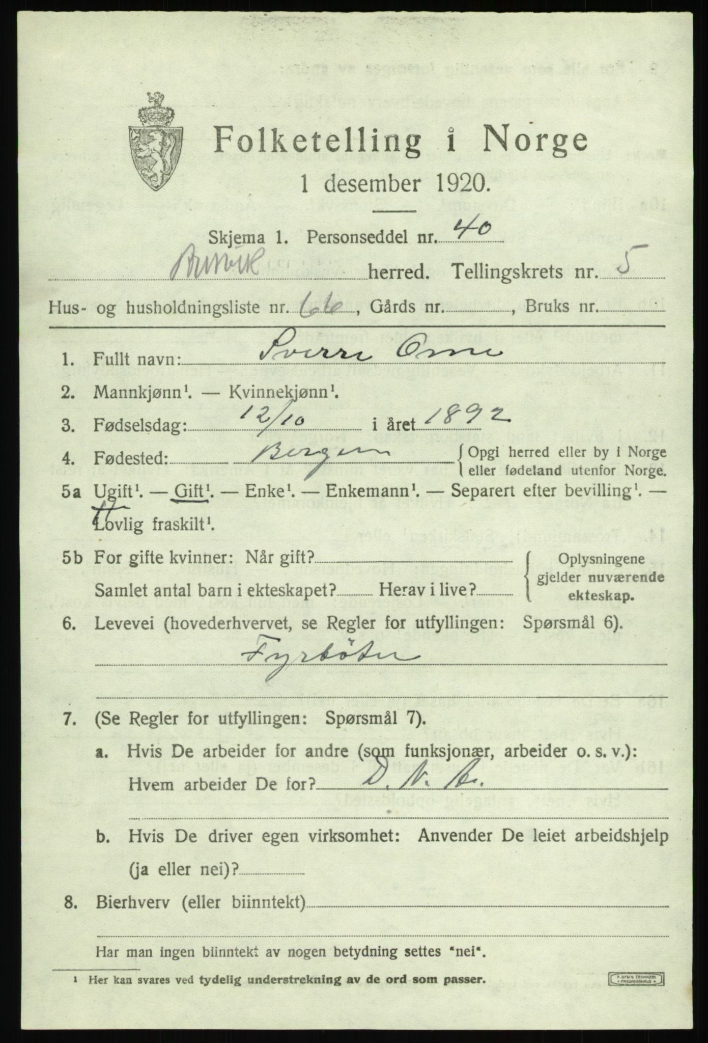 SAB, 1920 census for Bruvik, 1920, p. 3878