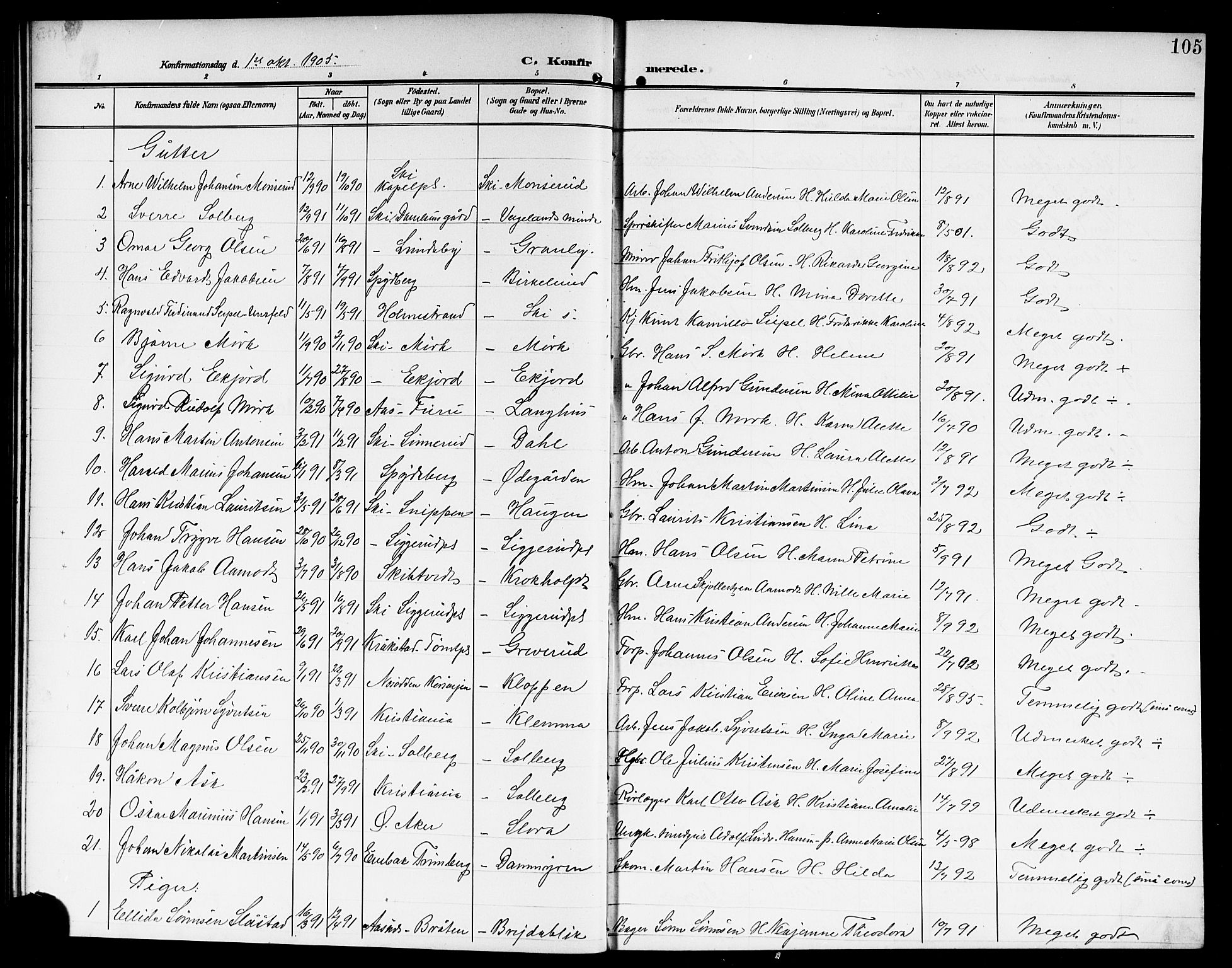 Kråkstad prestekontor Kirkebøker, SAO/A-10125a/G/Gb/L0001: Parish register (copy) no. II 1, 1905-1920, p. 105